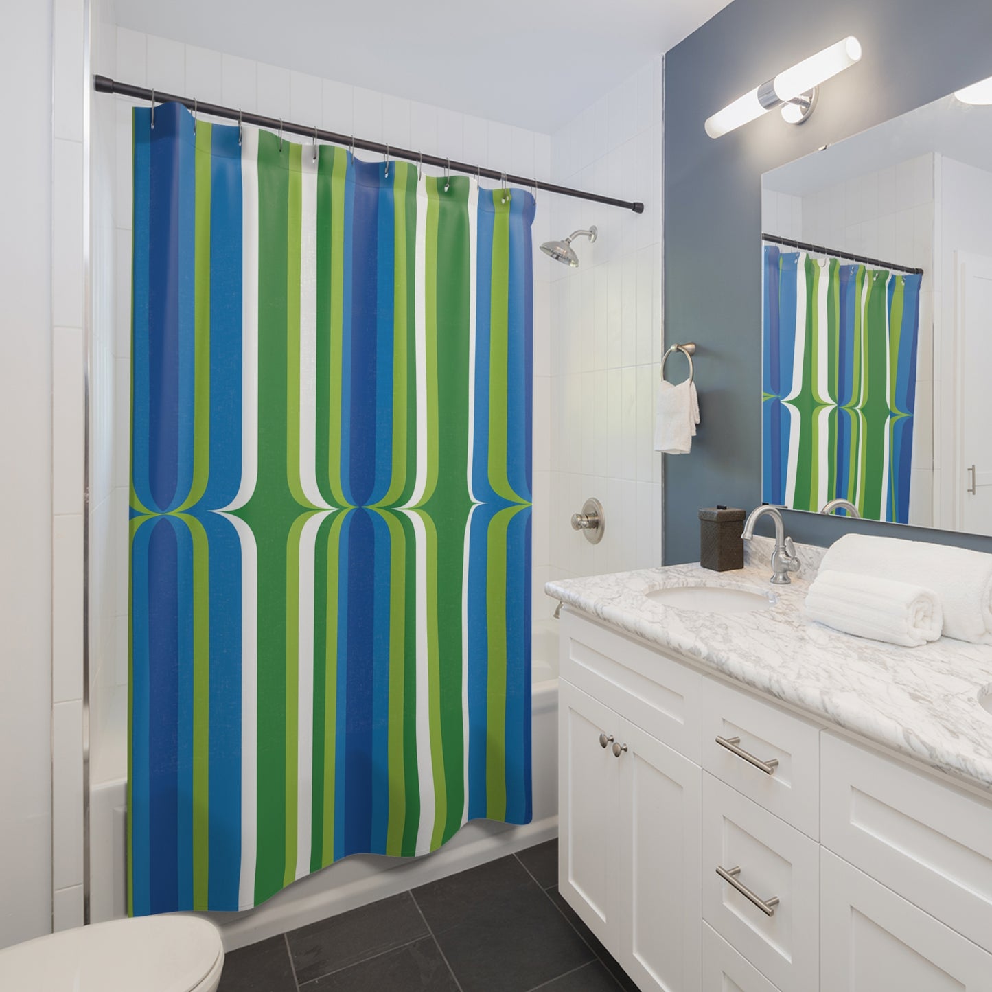 Retro Green Blue Striped Shower Curtain | Mid-Century Modern Bathroom