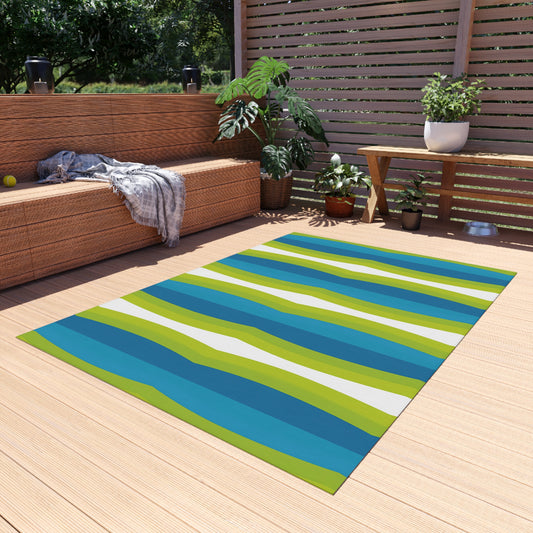 Blue Green White Wave Stripe Outdoor Rug | Patio Mat