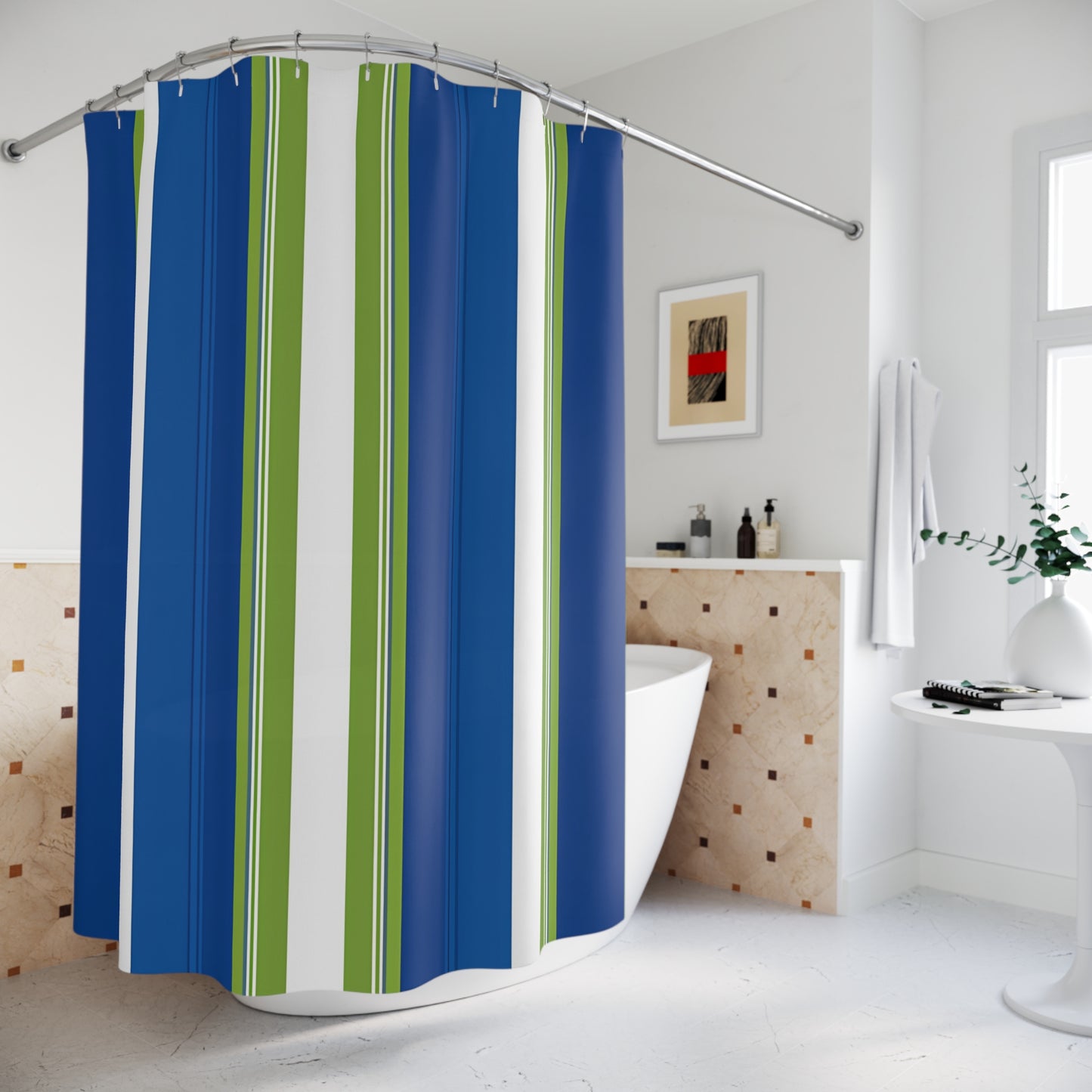 Blue Green Striped Shower Curtain | Nautical Coastal Bathroom