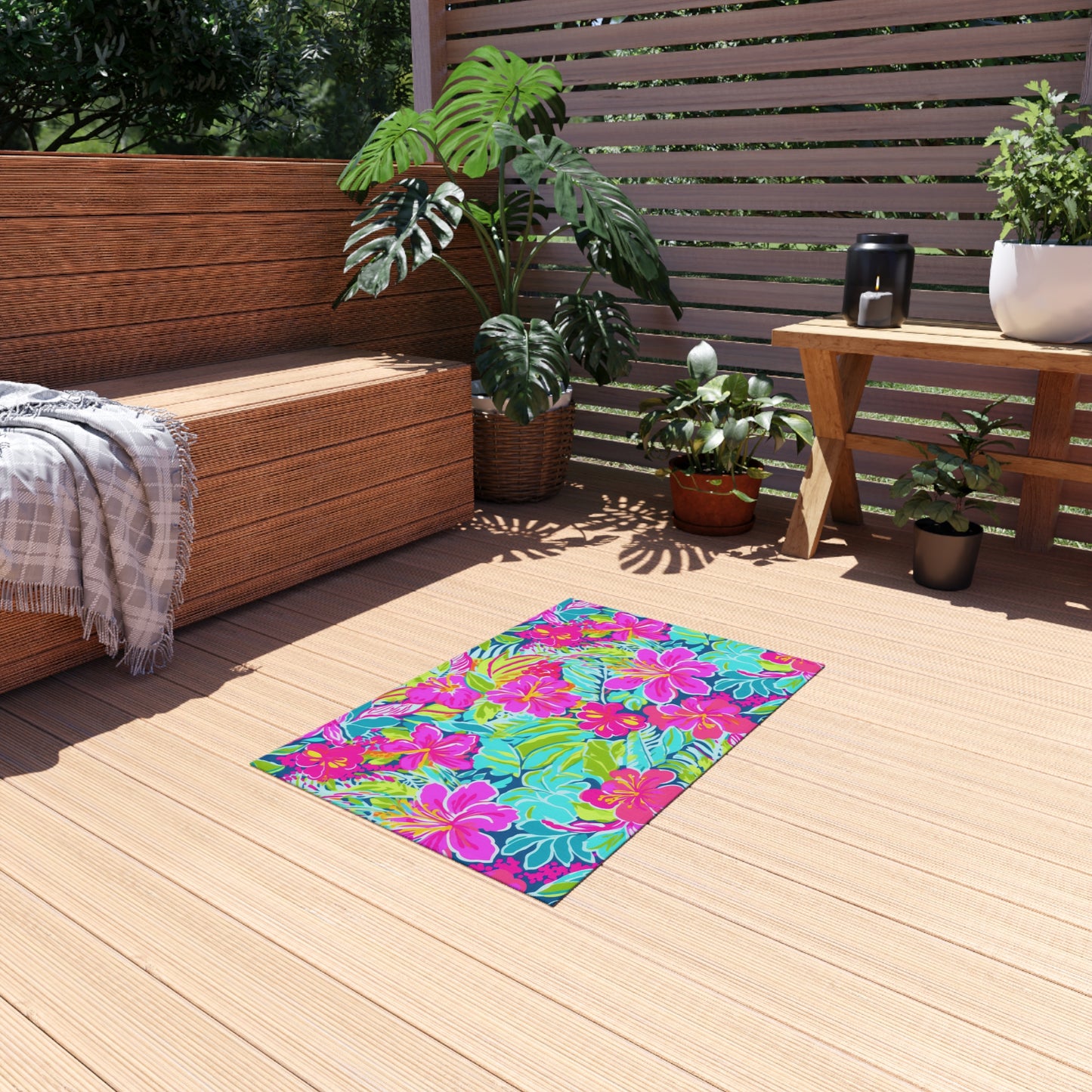 Tropical Hibiscus Floral Outdoor Rug | Bright Pink Teal Patio Mat