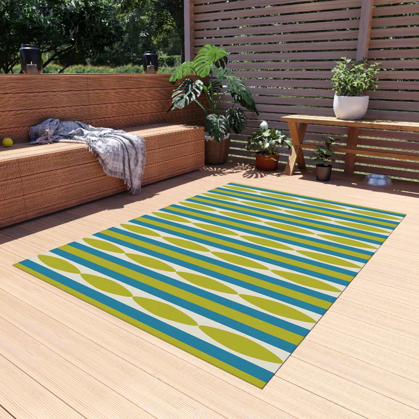 Midcentury Leaf Stripe Outdoor Rug | Patio Mat, Green Blue Linear Pattern