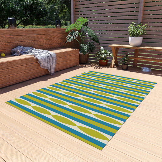 Midcentury Leaf Stripe Outdoor Rug | Patio Mat, Green Blue Linear Pattern