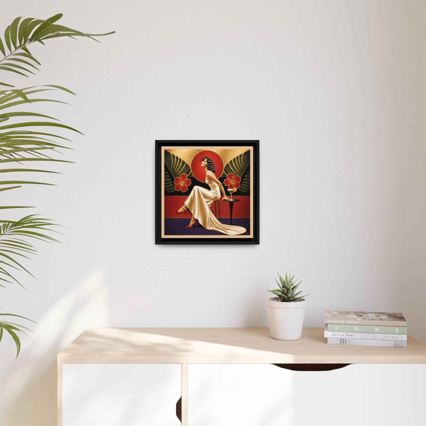Art Deco Lady Red Green Beige Tropical Canvas Framed Wall Art | Matte Print
