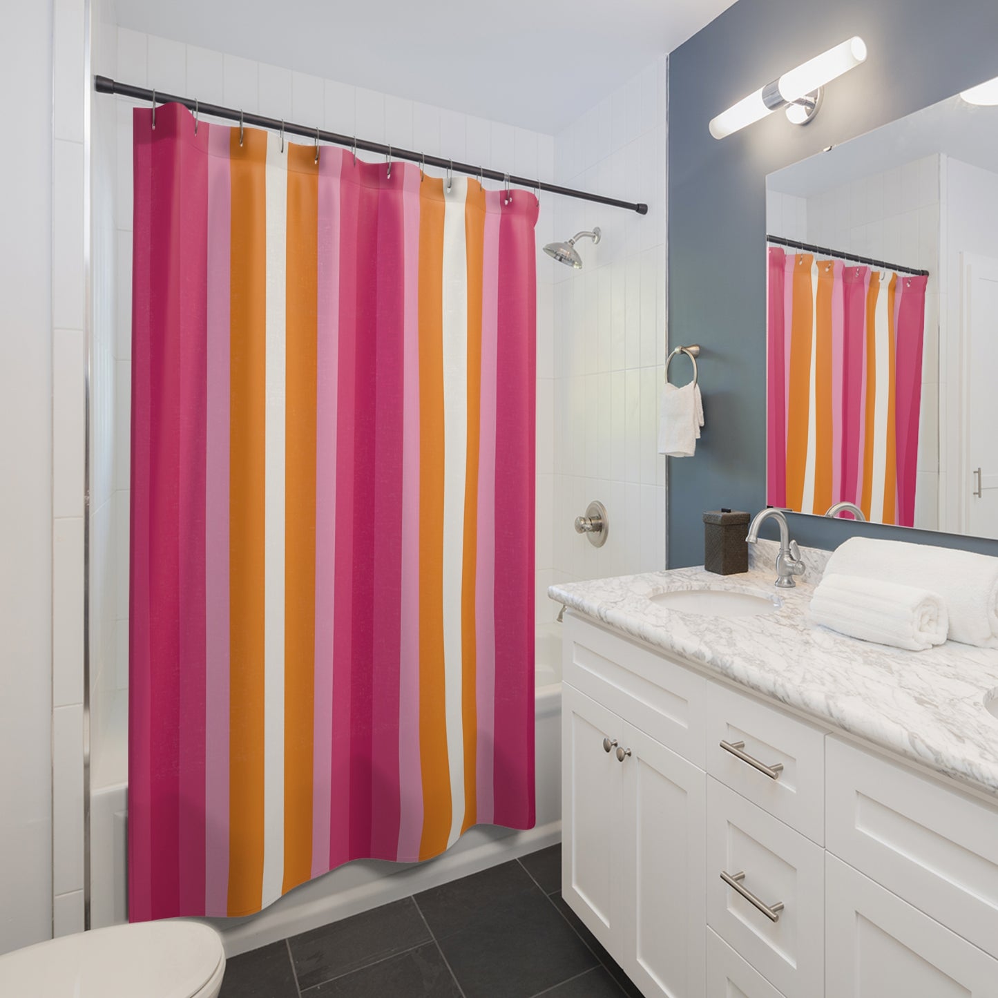 Pink Orange Stripe Shower Curtain | Retro Vertical Stripes Bathroom