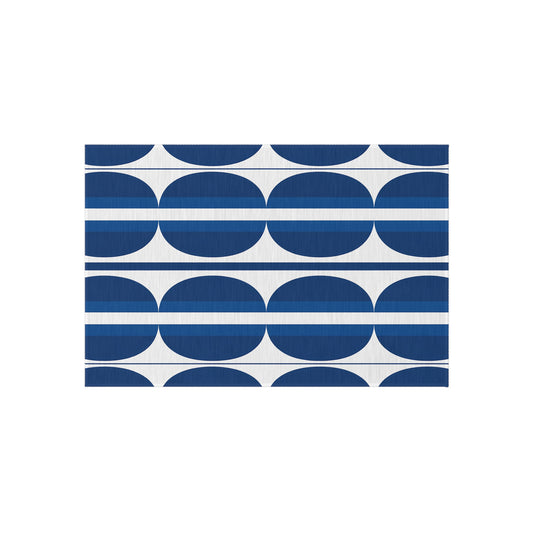 Blue White Geometric Retro Circles Outdoor Rug | Navy Patterned Mat