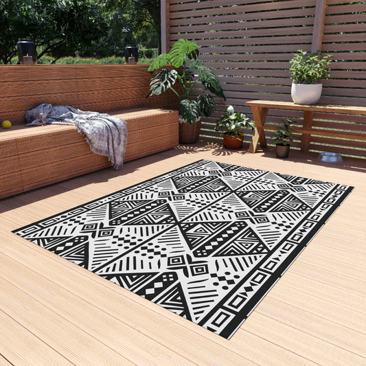 Black and White Tribal Stylish Outdoor Rug, Chic Patio Mat, Boho Floor Decor, Modern Entryway Carpet, Weather-Resistant Area Rug - LOLA VEGAS ART