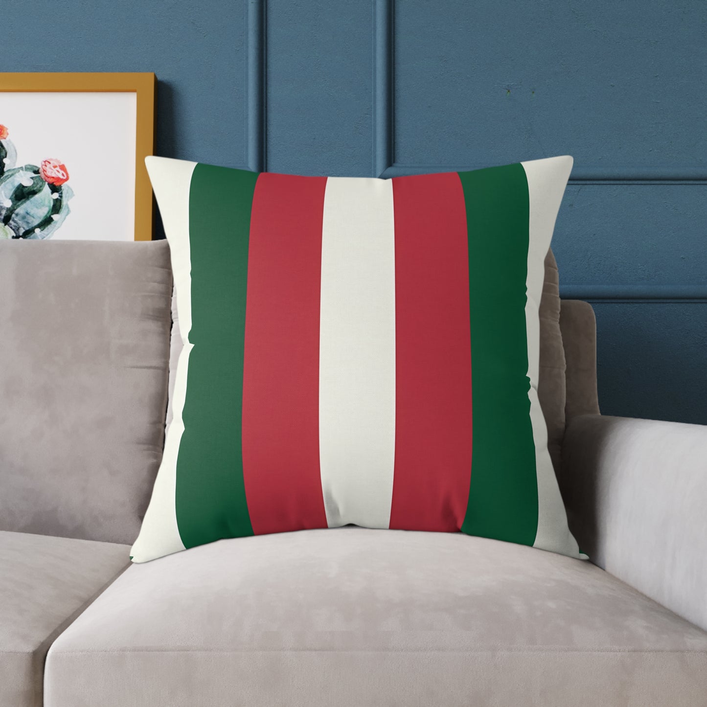 Green Red White Stripe Pillow | Square Poly Canvas Pillow