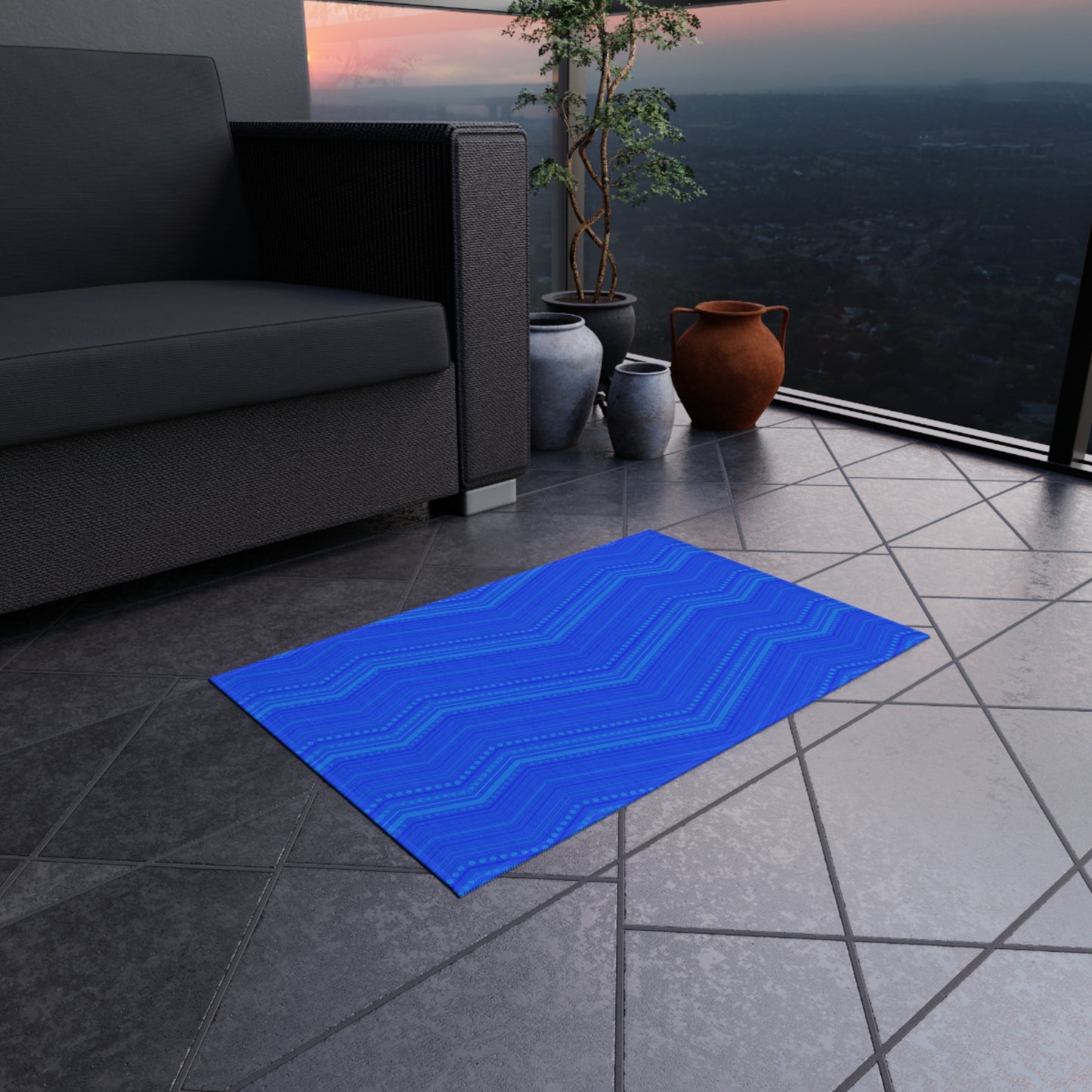 Blue Chevron Outdoor/Indoor Rug | Modern Patio Mat, Weather-Resistant