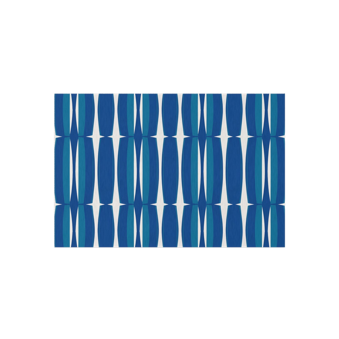 Blue White Mid-Century Geometric Outdoor Rug | Retro Teal Navy Pattern