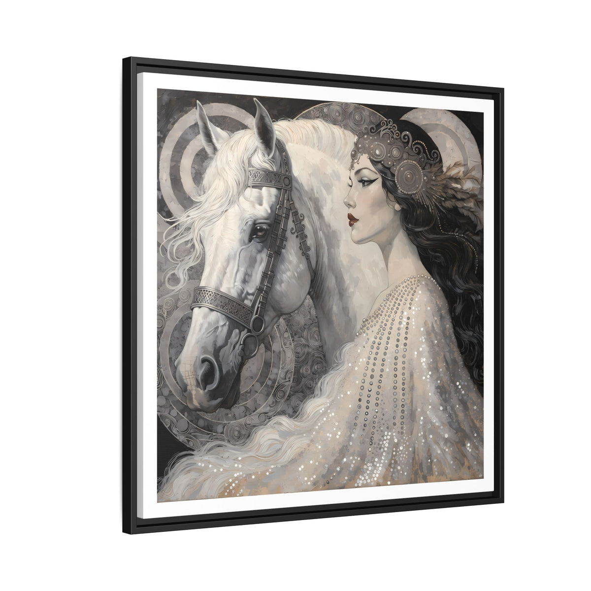 Ethereal Woman with White Horse Matte Canvas Framed Wall Art