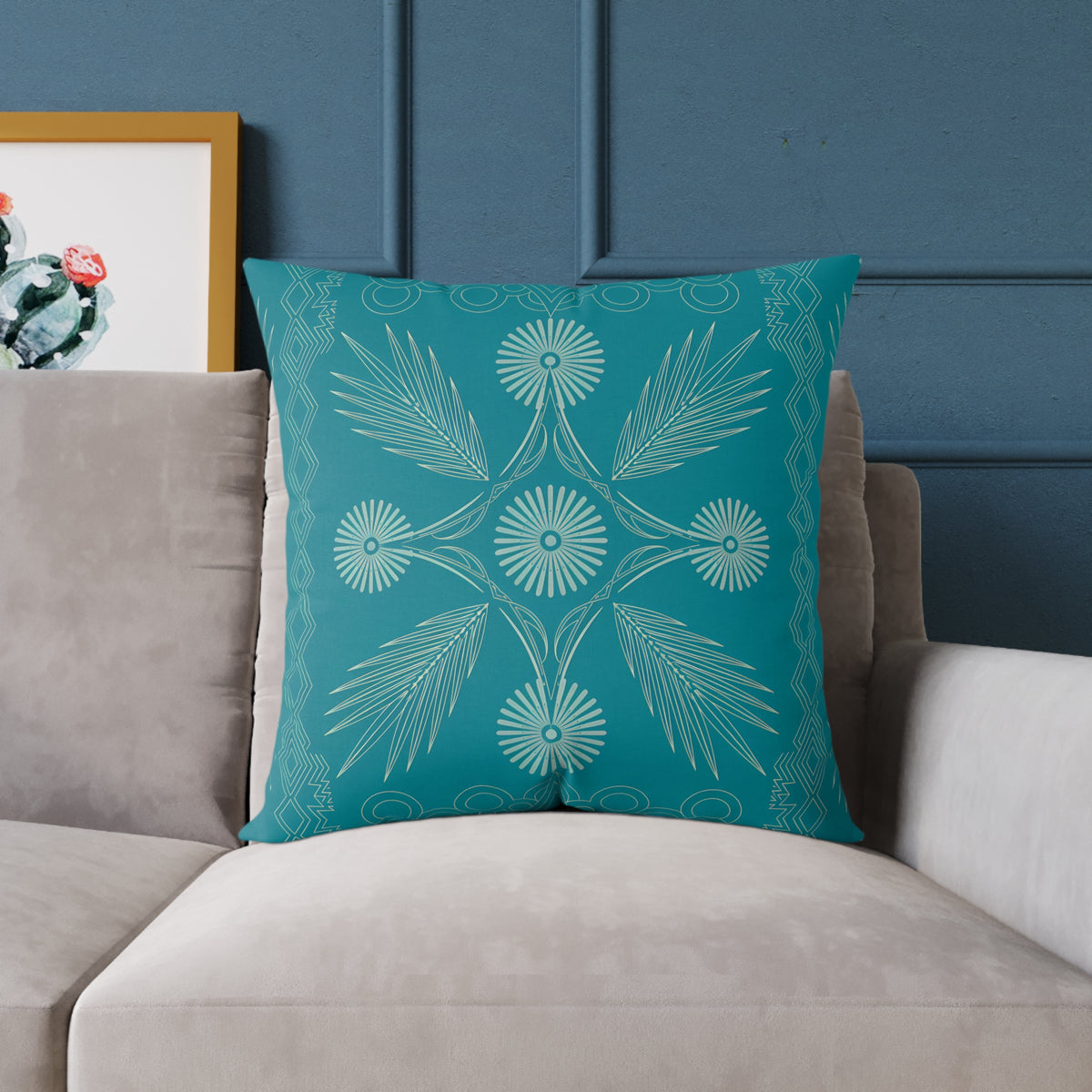 Teal Botanical Mandala Square Pillow | Poly Canvas Decorative Pillow