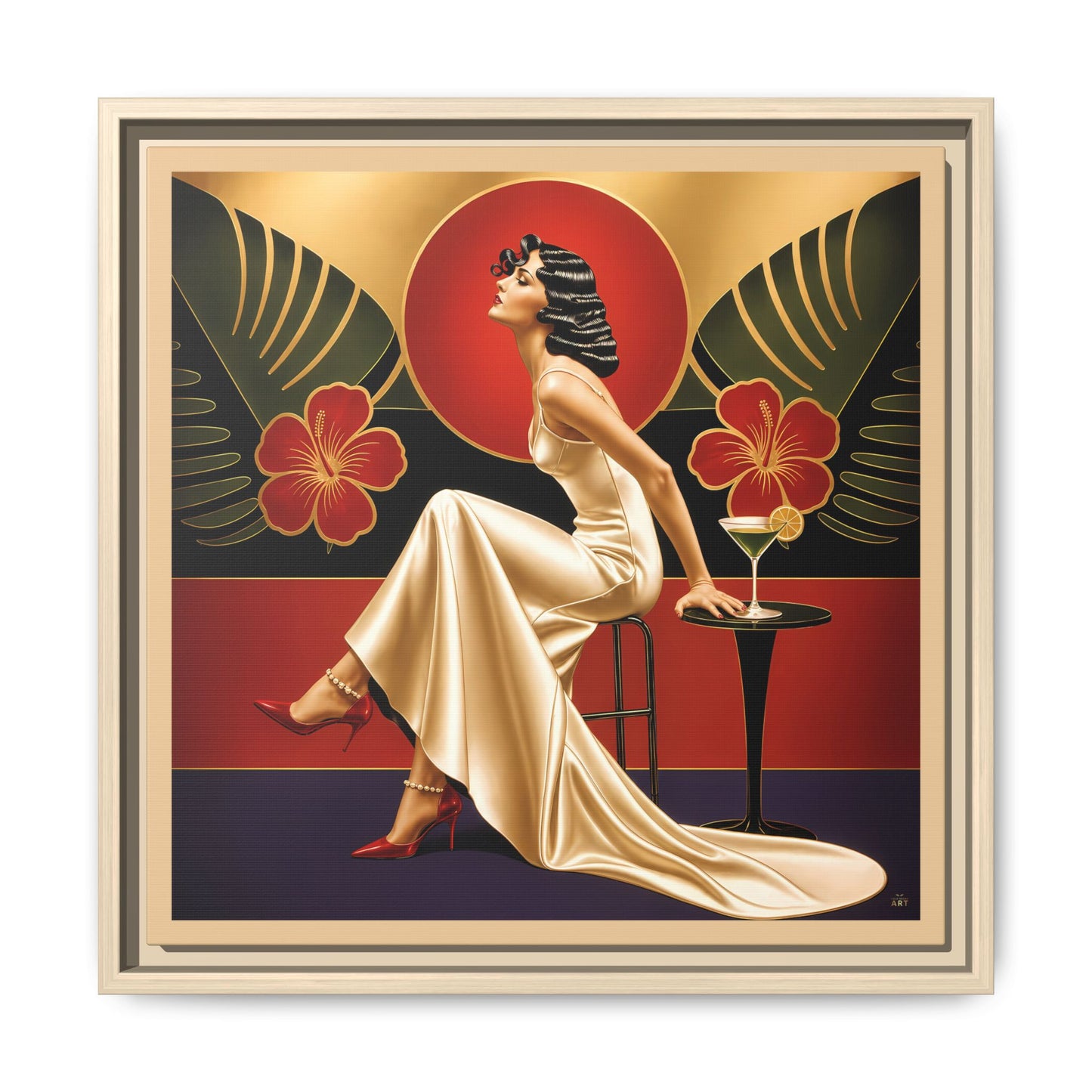 Art Deco Lady Red Green Beige Tropical Canvas Framed Wall Art | Matte Print