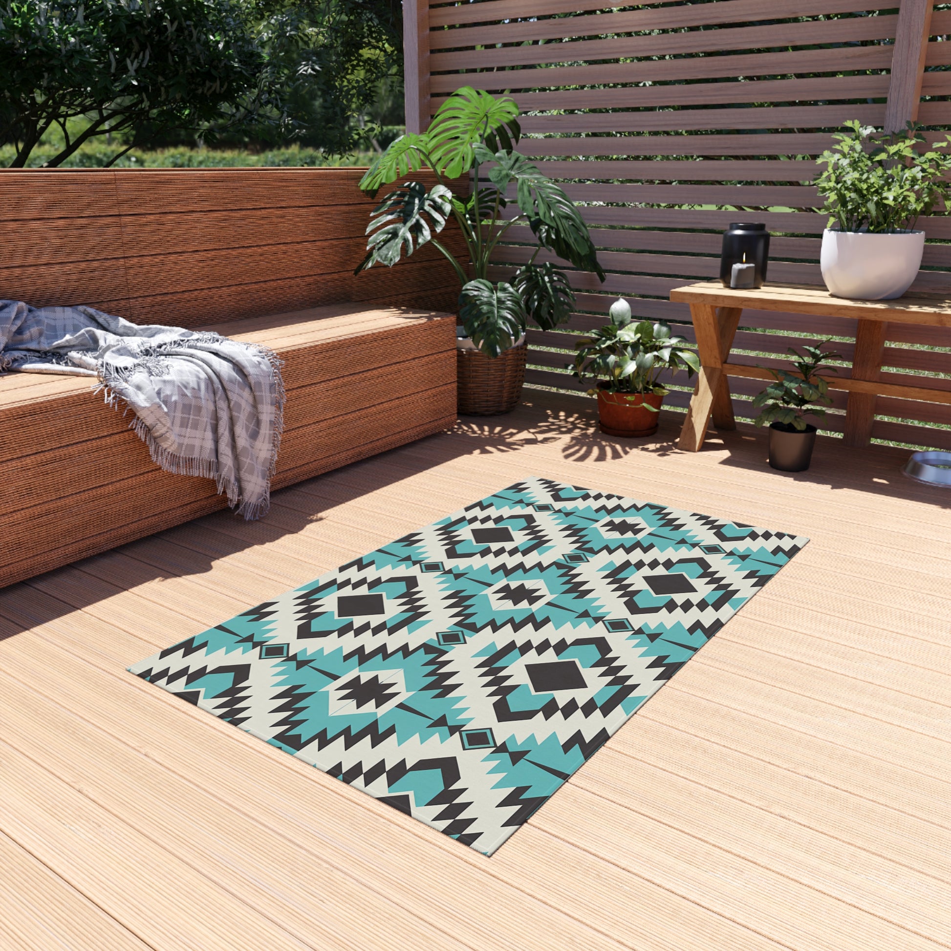 Turquoise, Black and White Stylish Outdoor Rug for Patios, Boho Decor, Area Mat, Deck Accessory, Indoor/Outdoor Use - LOLA VEGAS ART
