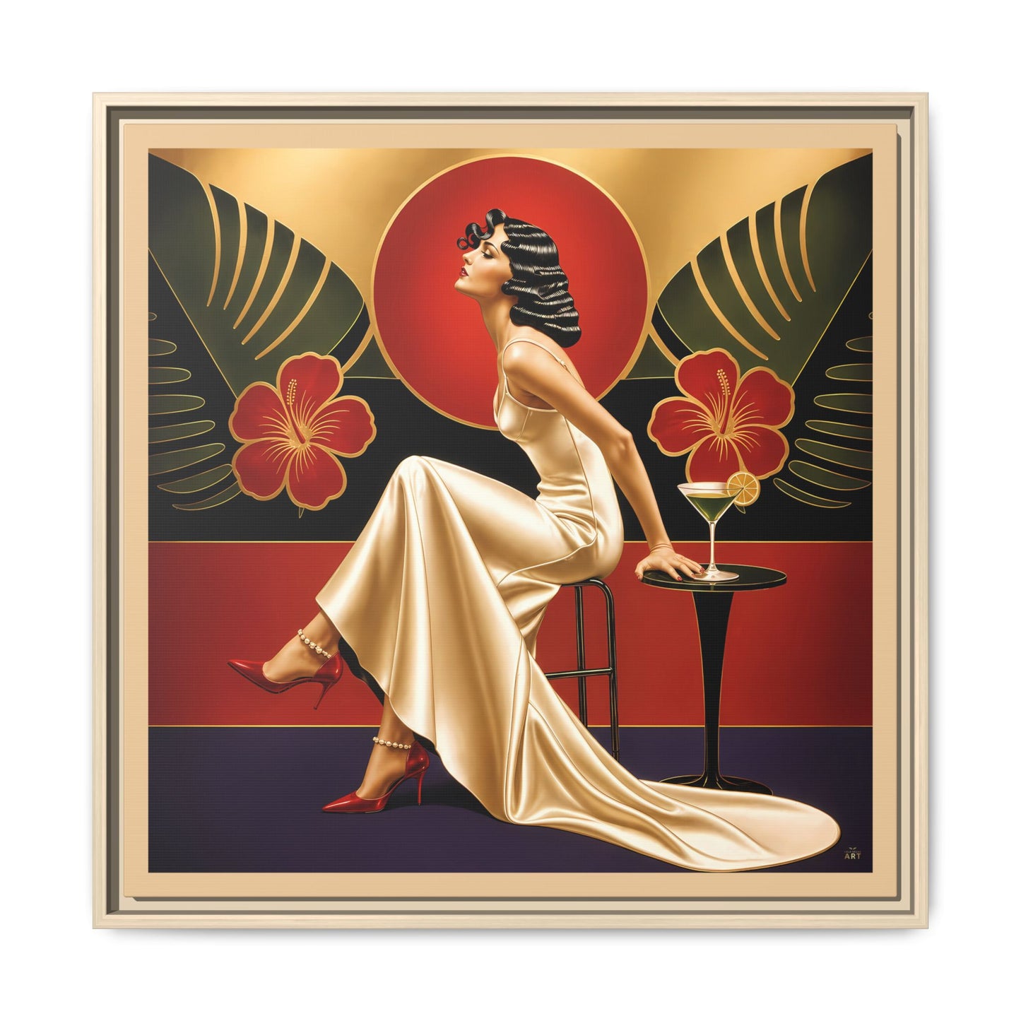 Art Deco Lady Red Green Beige Tropical Canvas Framed Wall Art | Matte Print