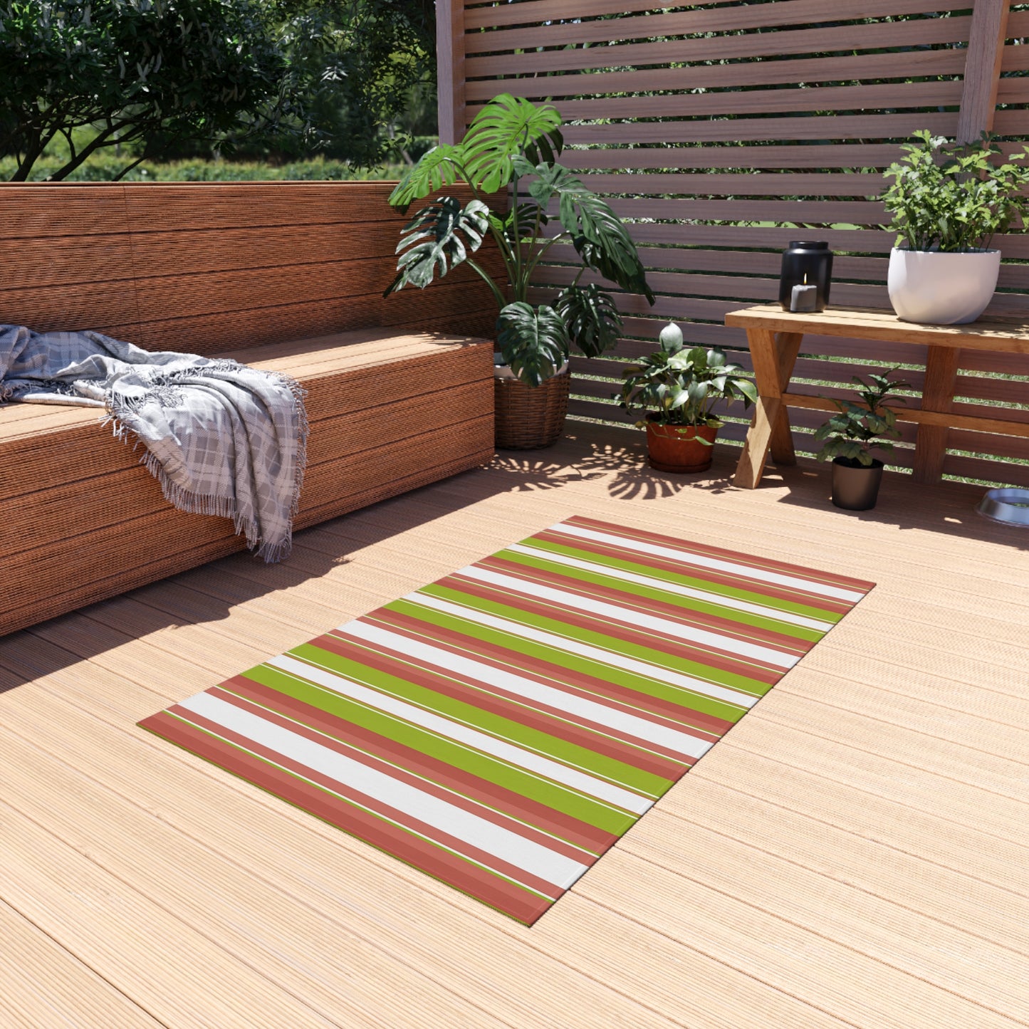 Green Red White Stripe Outdoor/Indoor Rug | Patio Deck Mat, Weatherproof Striped Rug