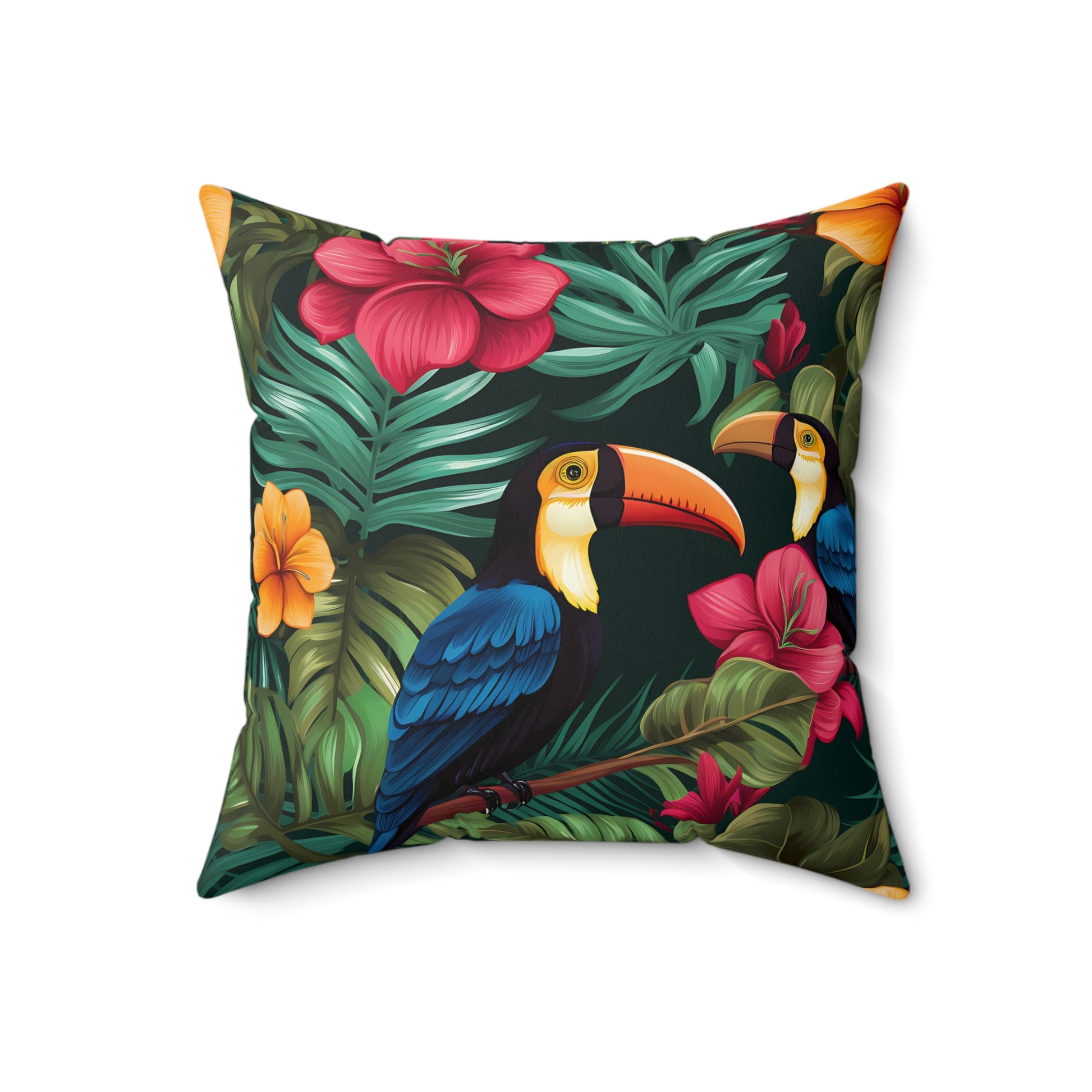Tropical Toucan Pillow, Colorful Home Decor, Jungle Pillow, Indoor Cushion, Nature-Inspired Gift, Tropical Vibe Decor, Floral Design - LOLA VEGAS ART