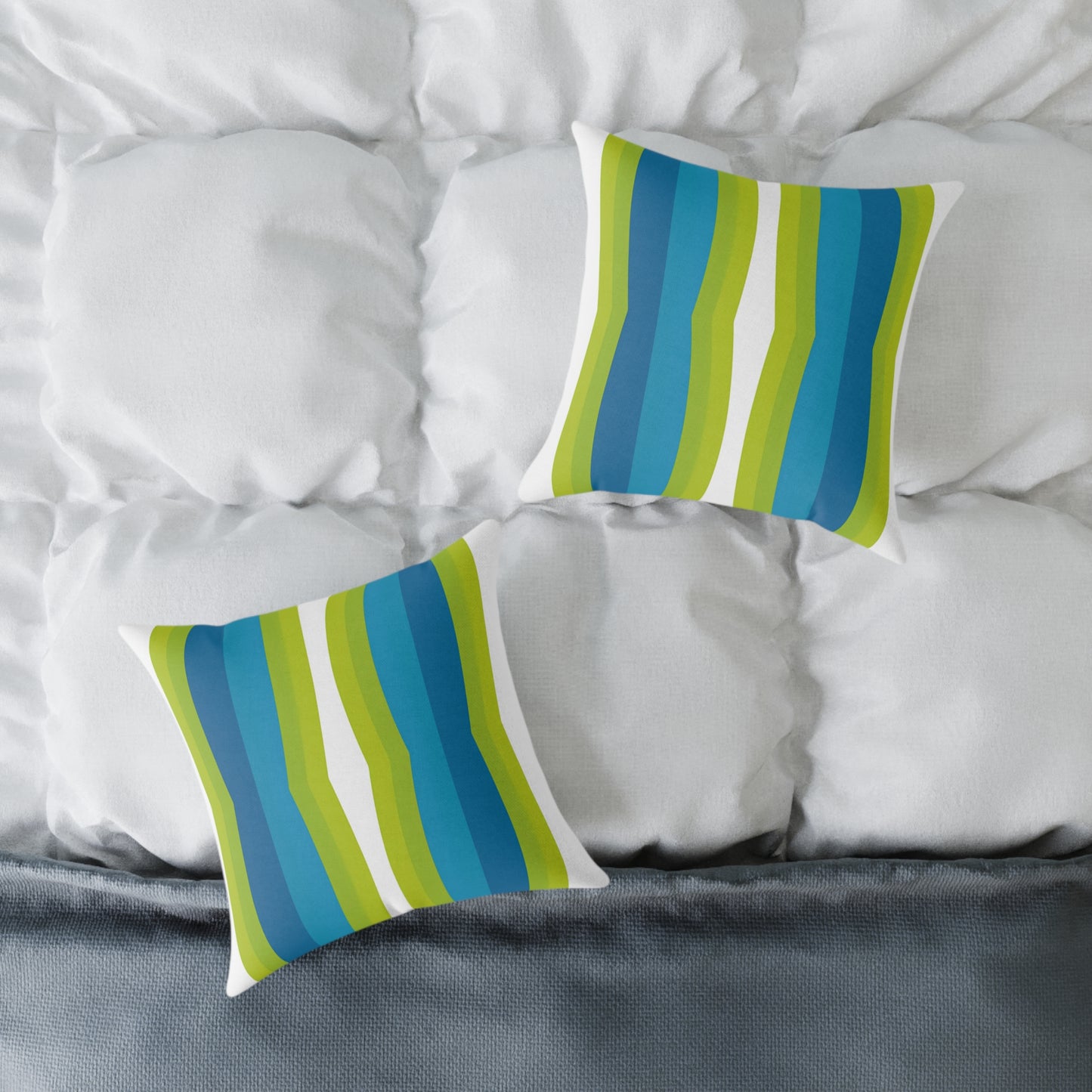 Blue Green Striped Wave Square Poly Canvas Pillow | Modern Geometric Throw Pillow