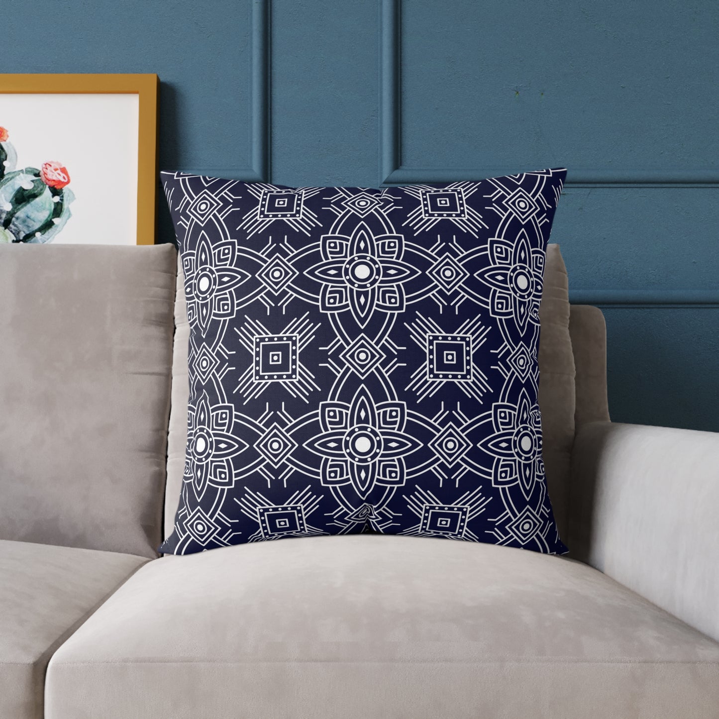 Navy White Geometric Mandala Square Pillow | Blue Pattern Throw Pillow