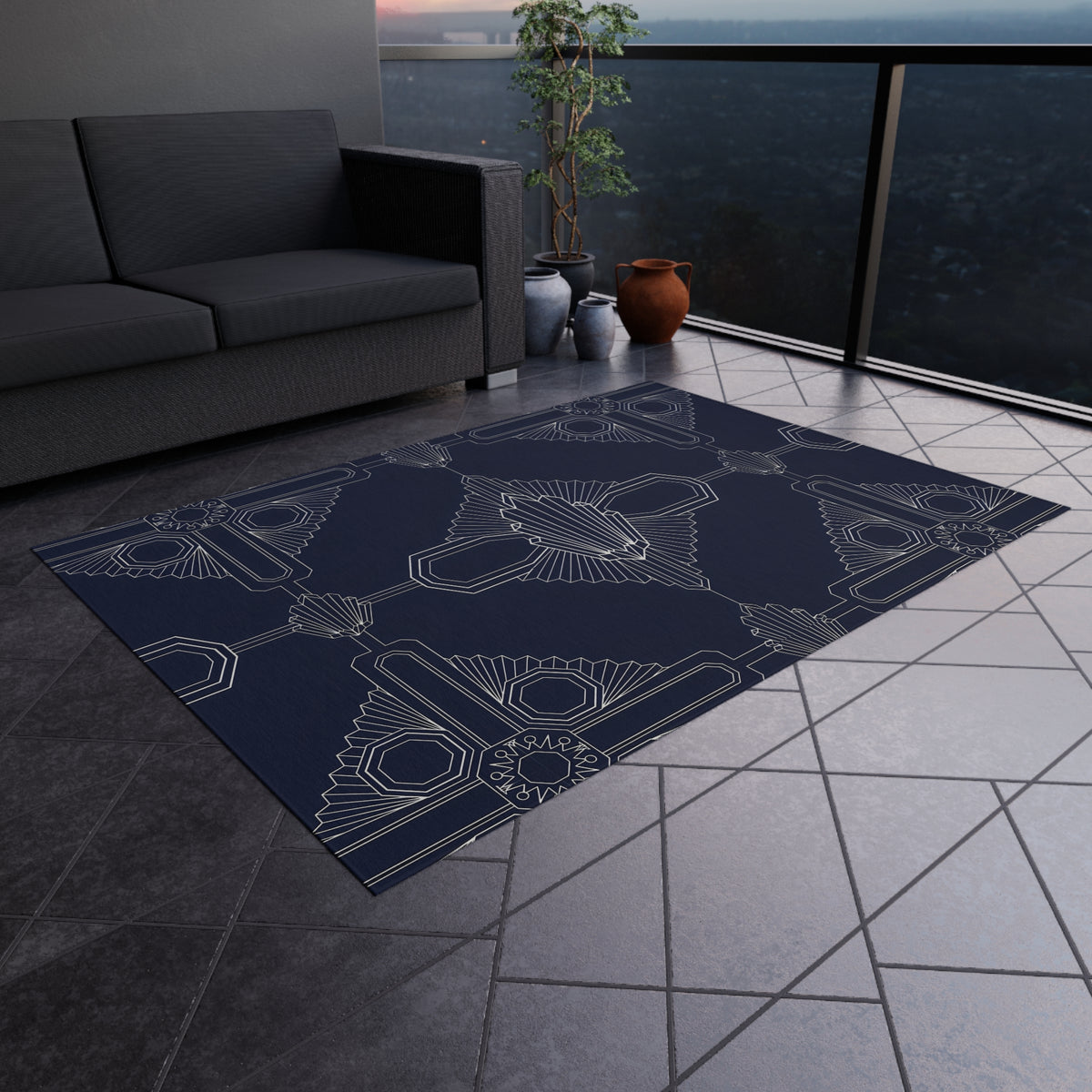Art Deco Geometric Outdoor Rug | Navy Patterned Patio Mat