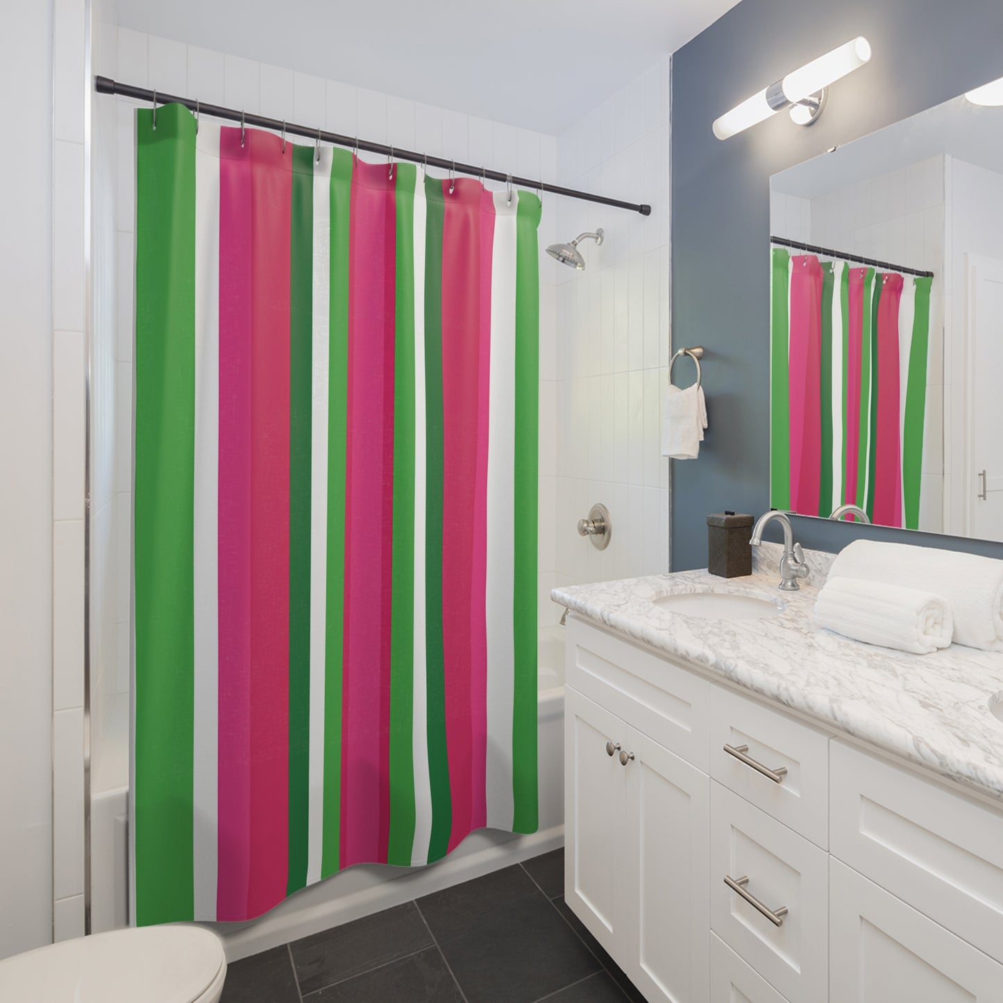 Pink and Green Vertical Stripes Shower Curtain | Bold Stripe Bathroom Decor