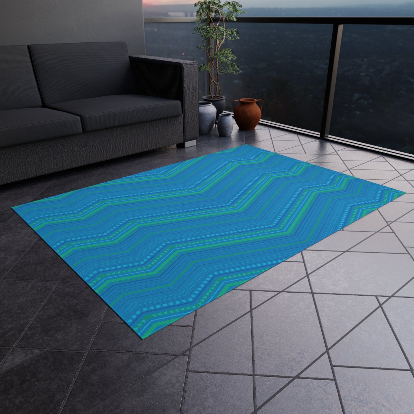 Blue Green Chevron Pattern Outdoor/Indoor Rug | Striped Zigzag Patio Mat