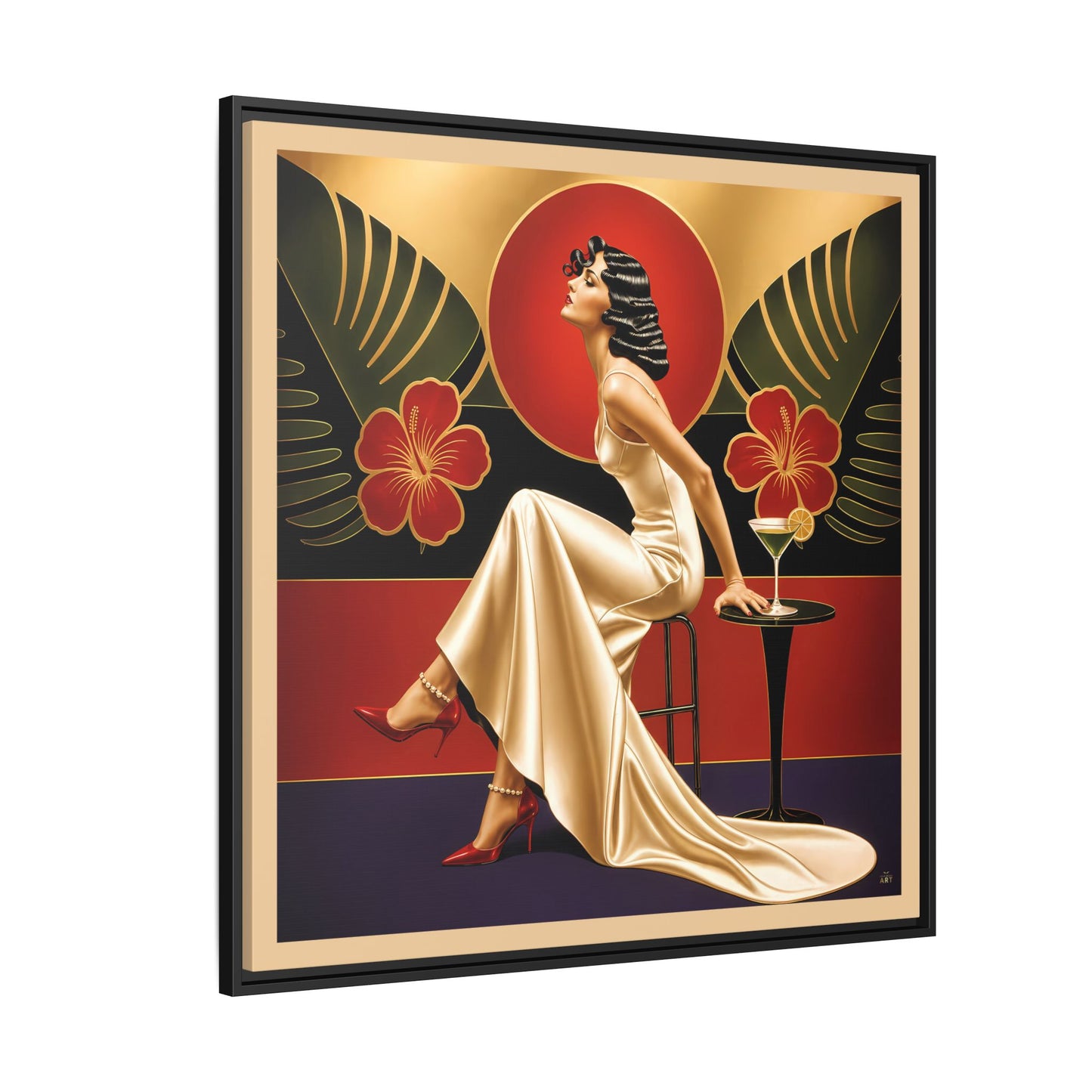 Art Deco Lady Red Green Beige Tropical Canvas Framed Wall Art | Matte Print