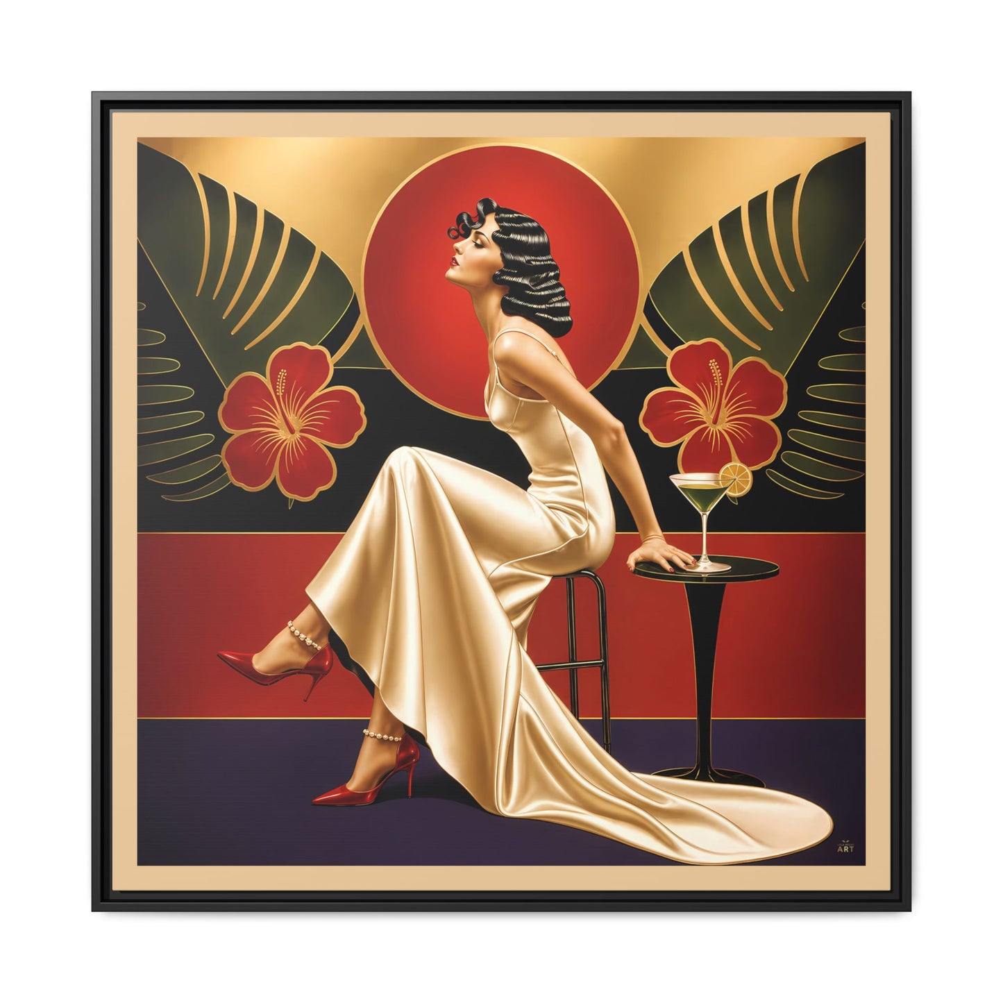 Art Deco Lady Red Green Beige Tropical Canvas Framed Wall Art | Matte Print