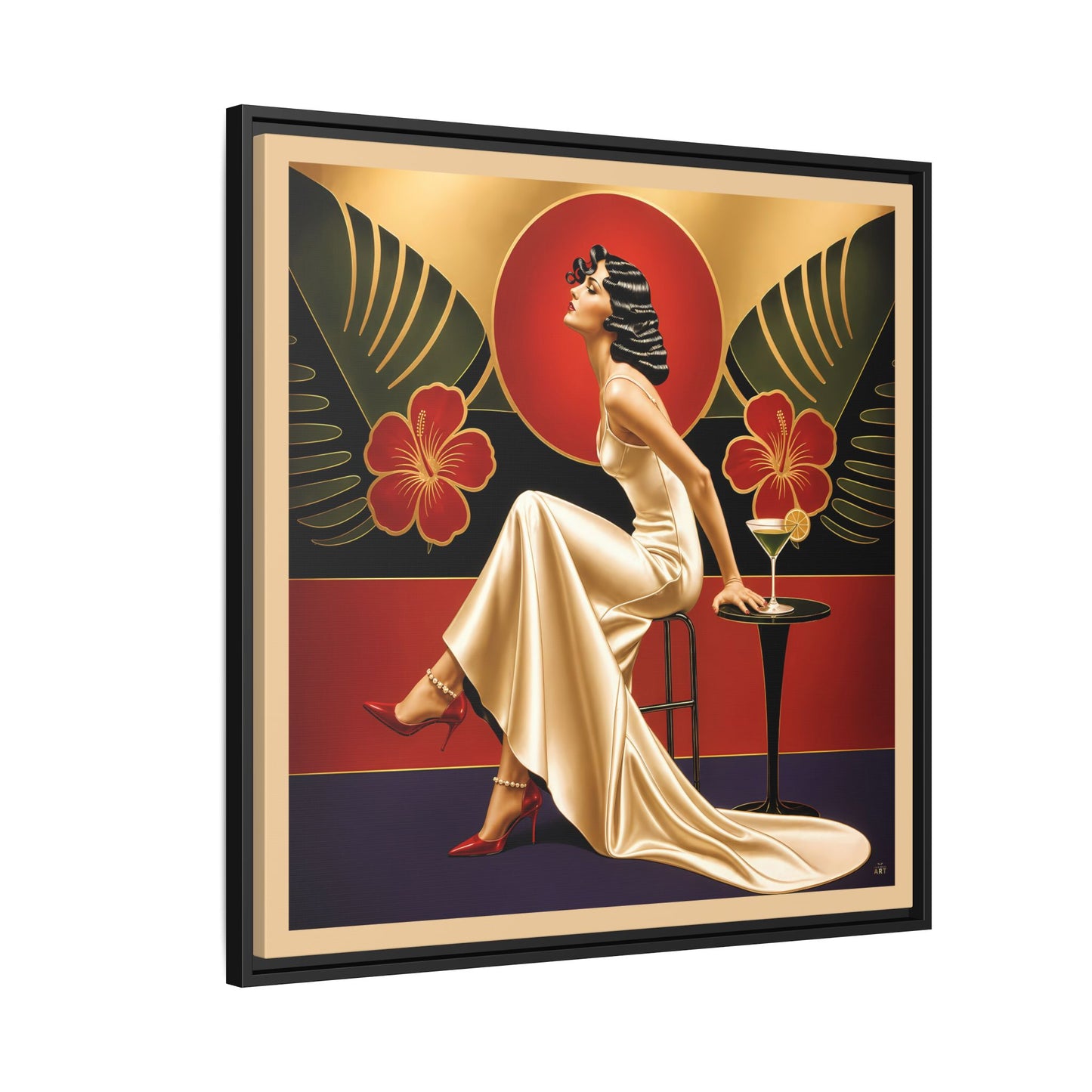 Art Deco Lady Red Green Beige Tropical Canvas Framed Wall Art | Matte Print