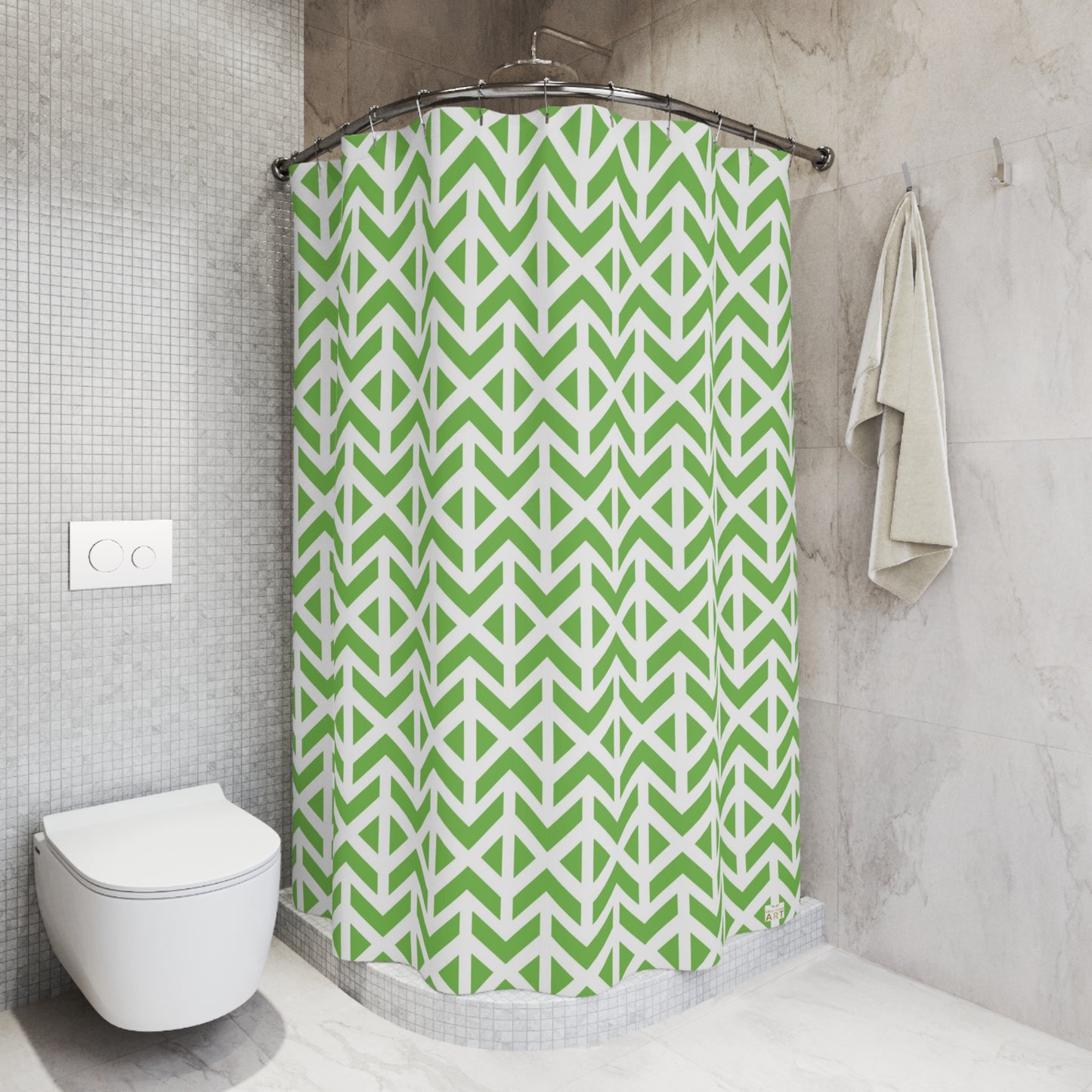 Green Geometric Arrow Pattern Shower Curtain | Modern Boho Bath, Eclectic Bathroom Accessory