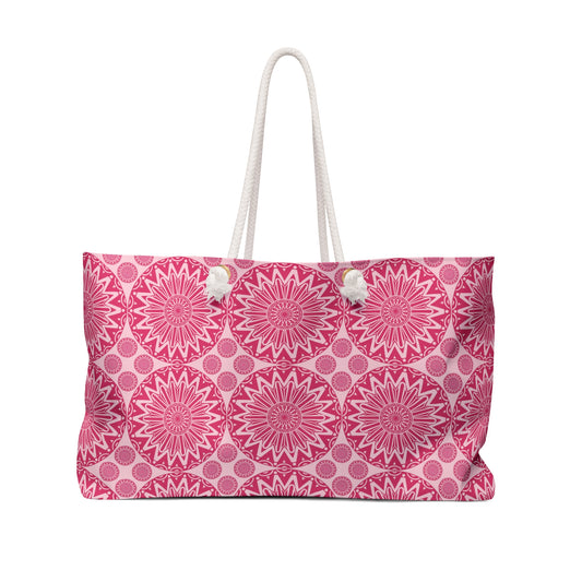 Pink Boho Mandala Weekender Bag - Travel Tote, Beach Bag, Gym Bag, Overnight Bag, Gift for Her, Hippie Bag, Feminine Bag - LOLA VEGAS ART