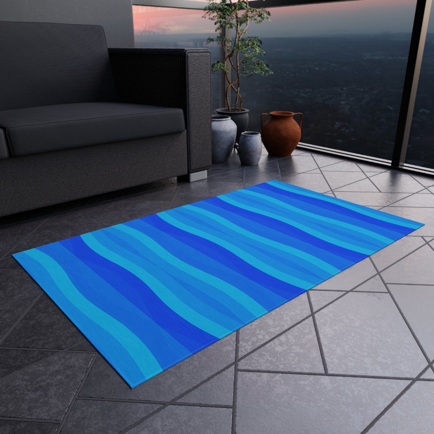 Blue Wave Stripe Outdoor Rug | Coastal Patio Mat
