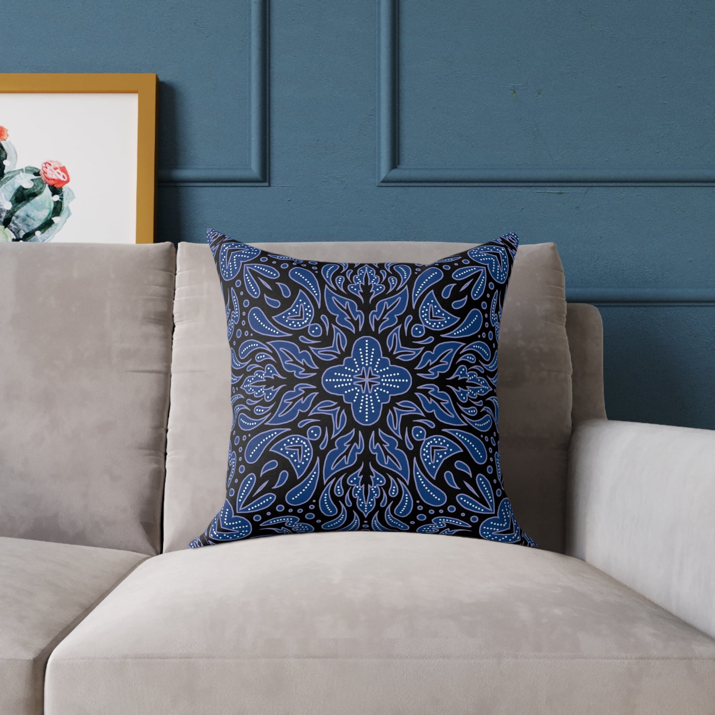 Blue Mandala Pattern Pillow | Boho Decorative Square Throw Pillow