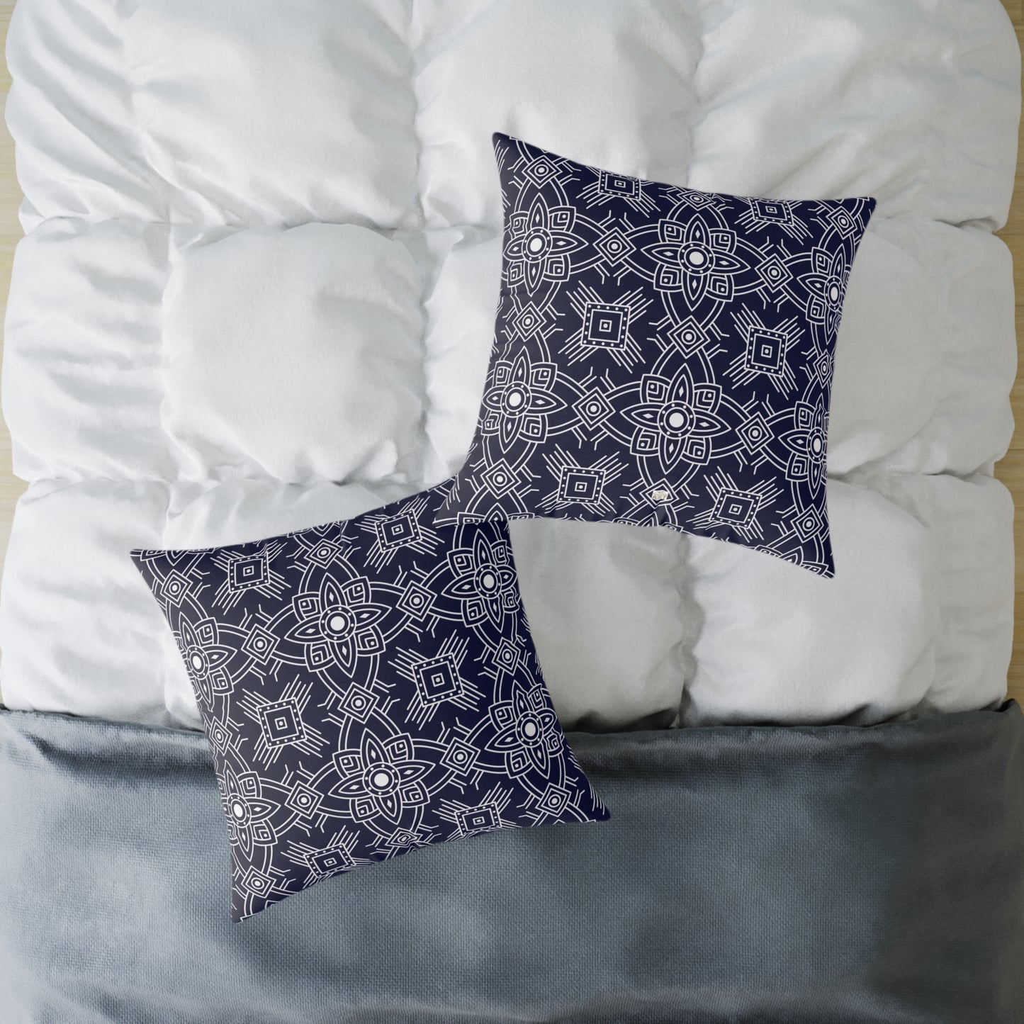 Navy White Geometric Mandala Square Pillow | Blue Pattern Throw Pillow