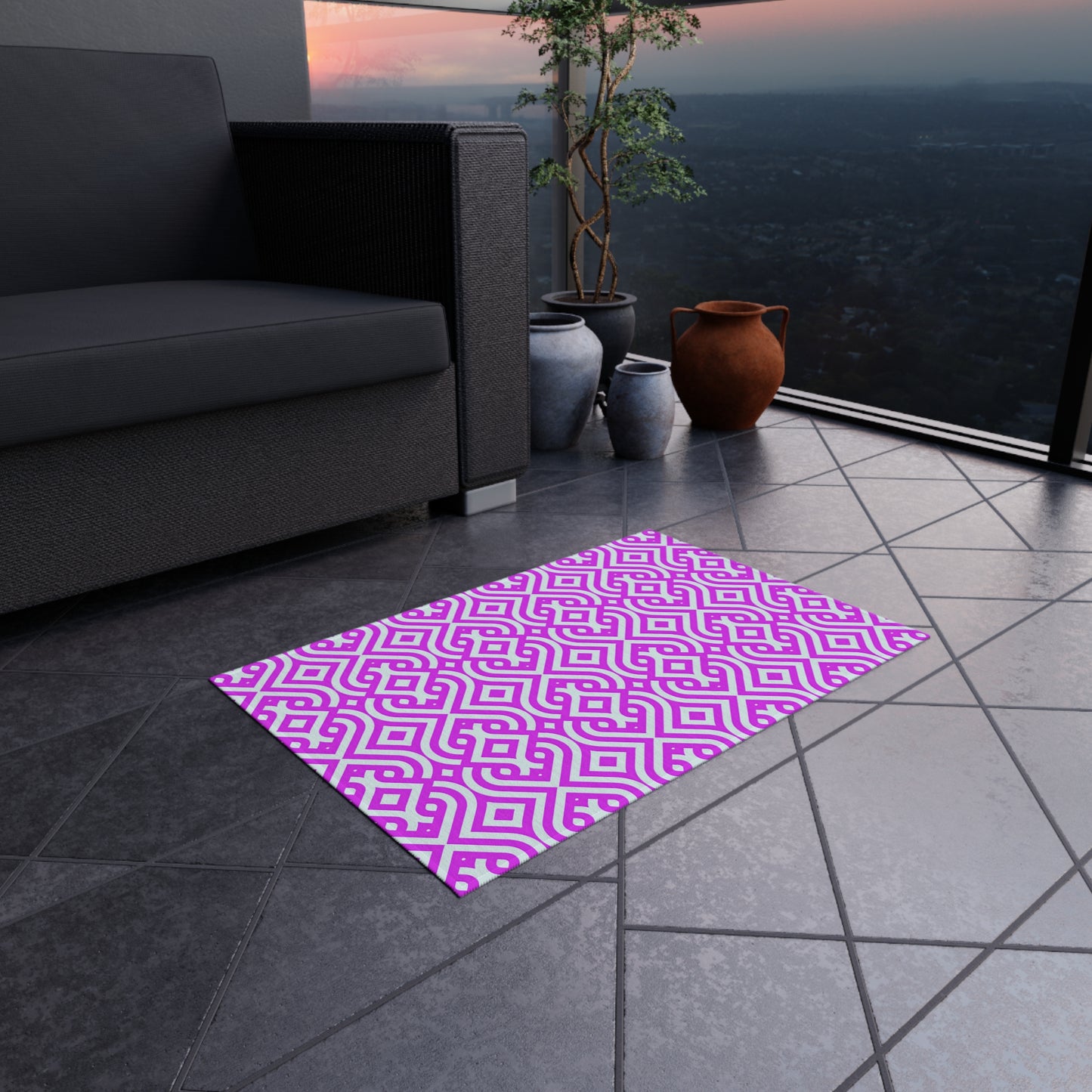 Geometric Moroccan Tile Outdoor/Indoor Rug | Magenta Pink White Patterned Patio Mat