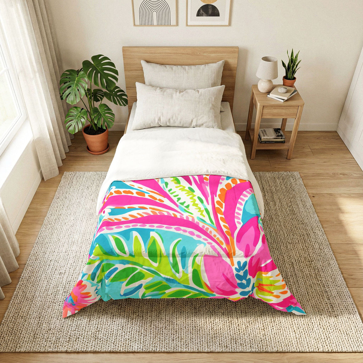 Tropical Floral Pattern Cotton Comforter | Bright Pink Blue Green Leaves