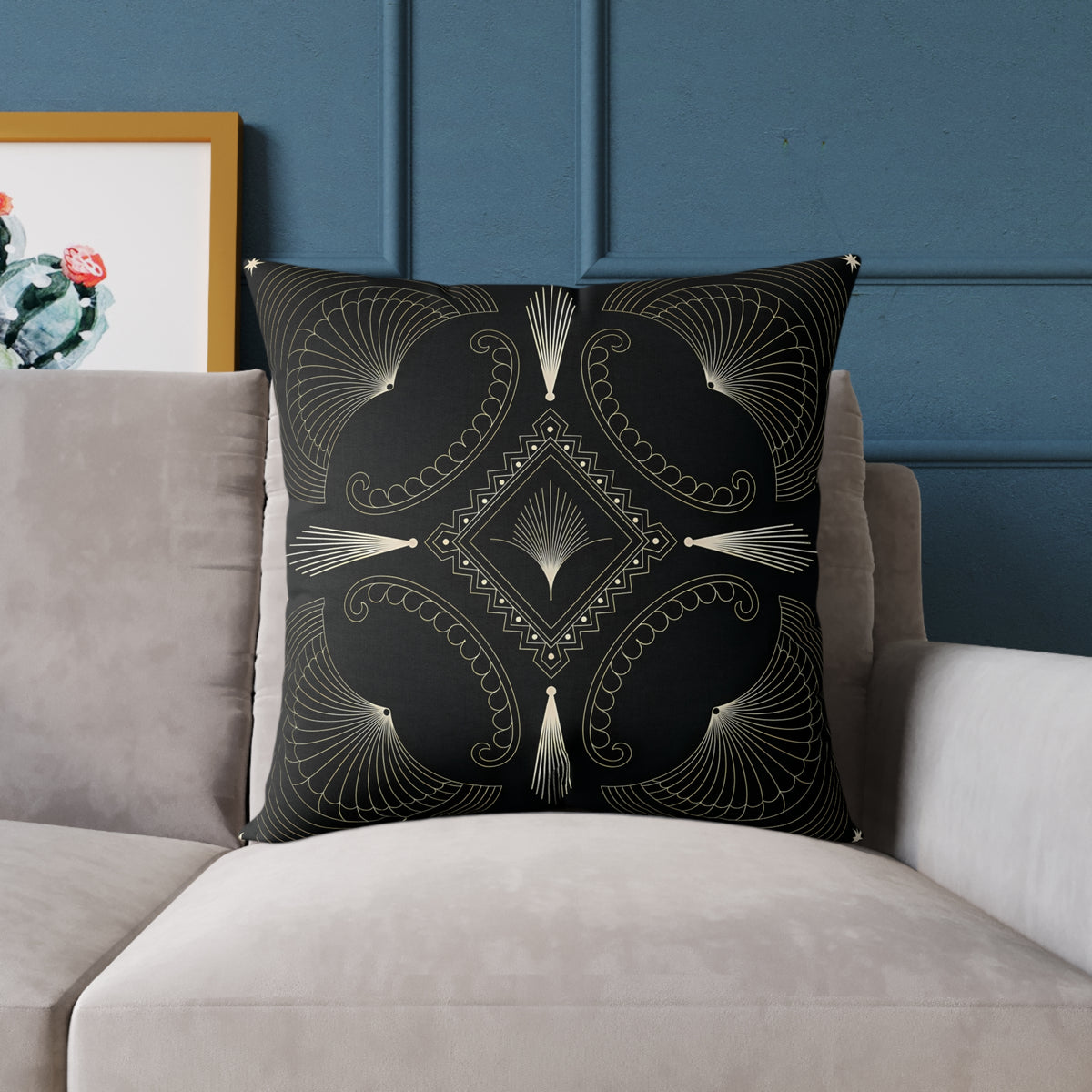 Art Deco Black Cream Geometric Pattern Square Pillow | Decorative Throw Pillow