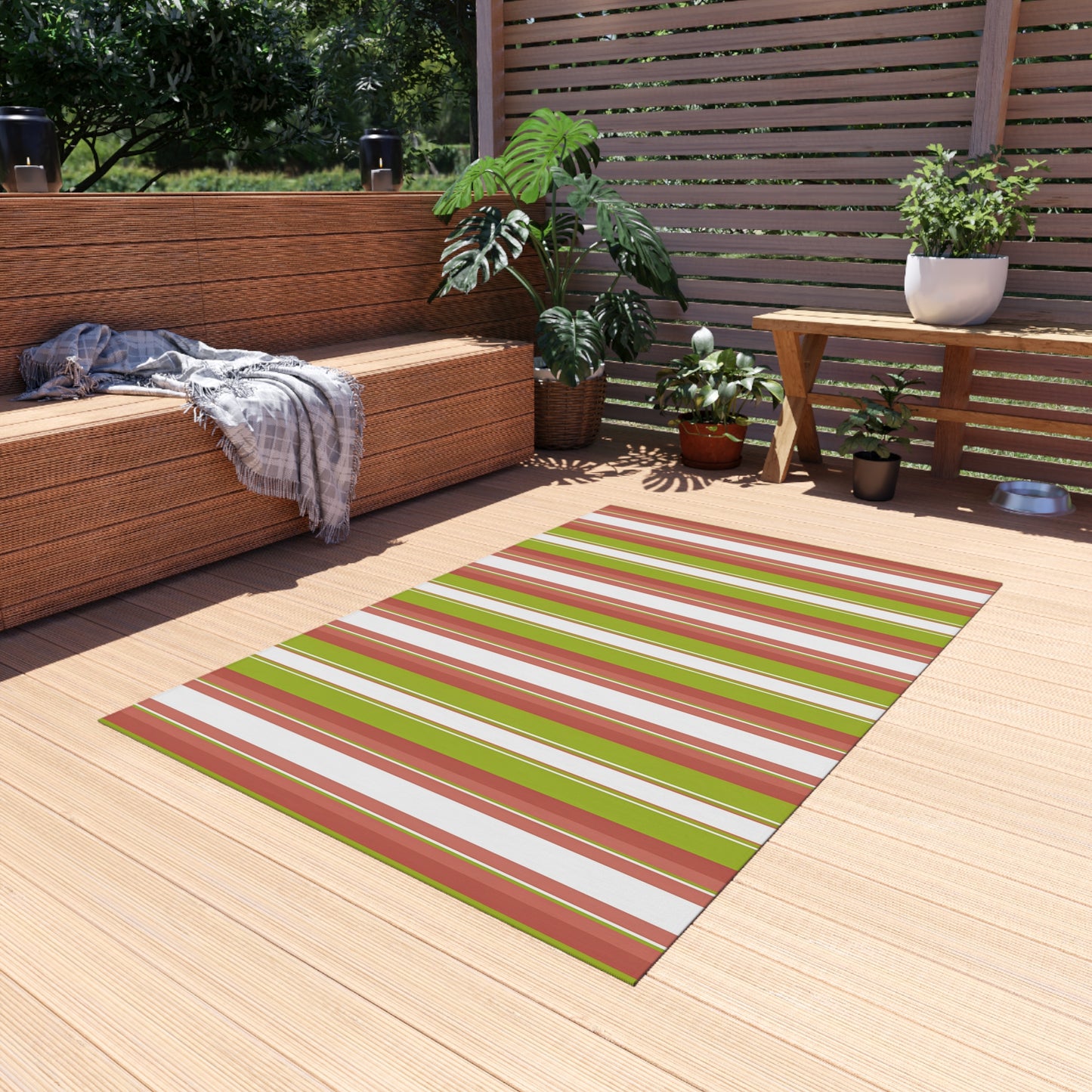 Green Red White Stripe Outdoor/Indoor Rug | Patio Deck Mat, Weatherproof Striped Rug