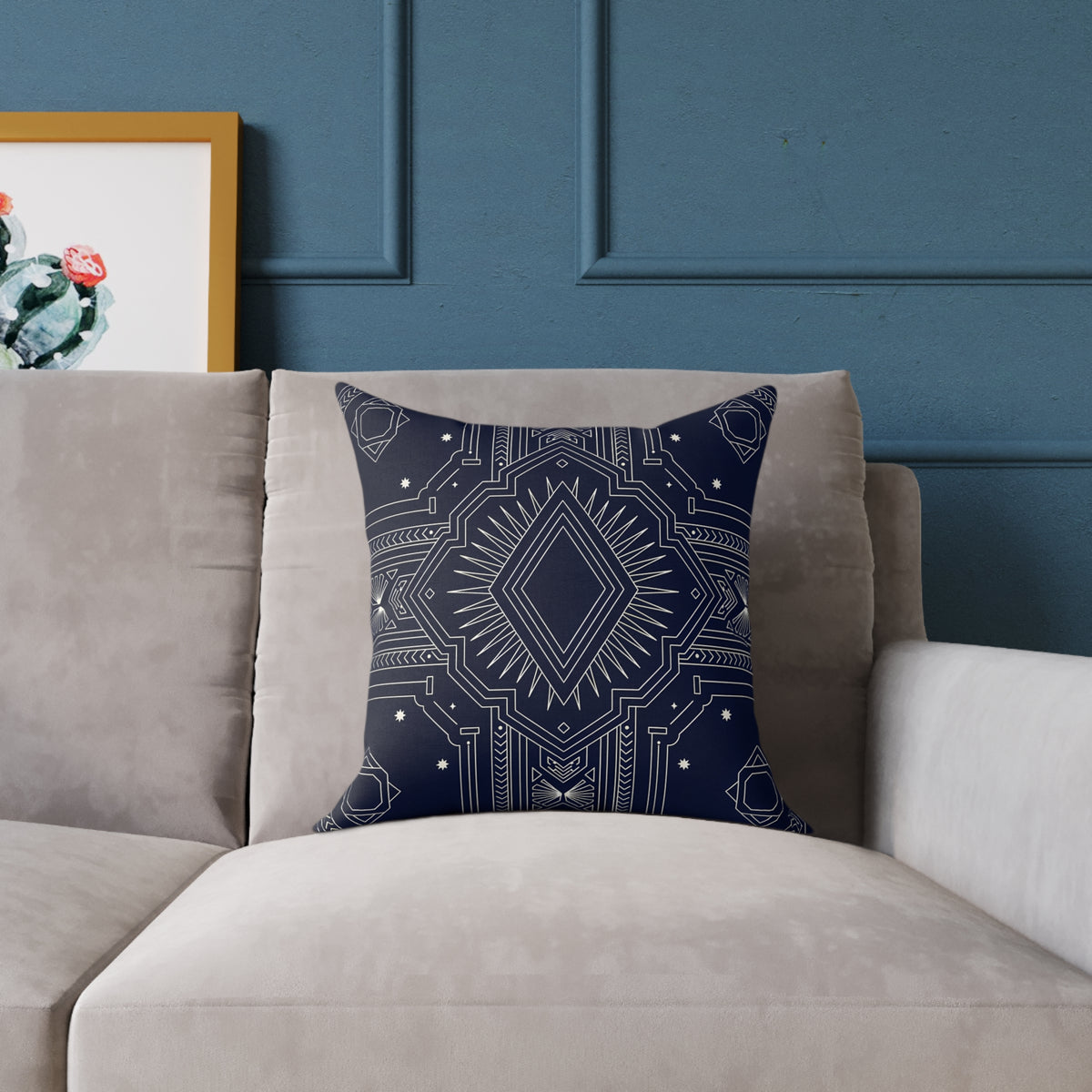 Navy Geometric Art Deco Mandala Square Pillow | Boho Decorative Throw Cushion