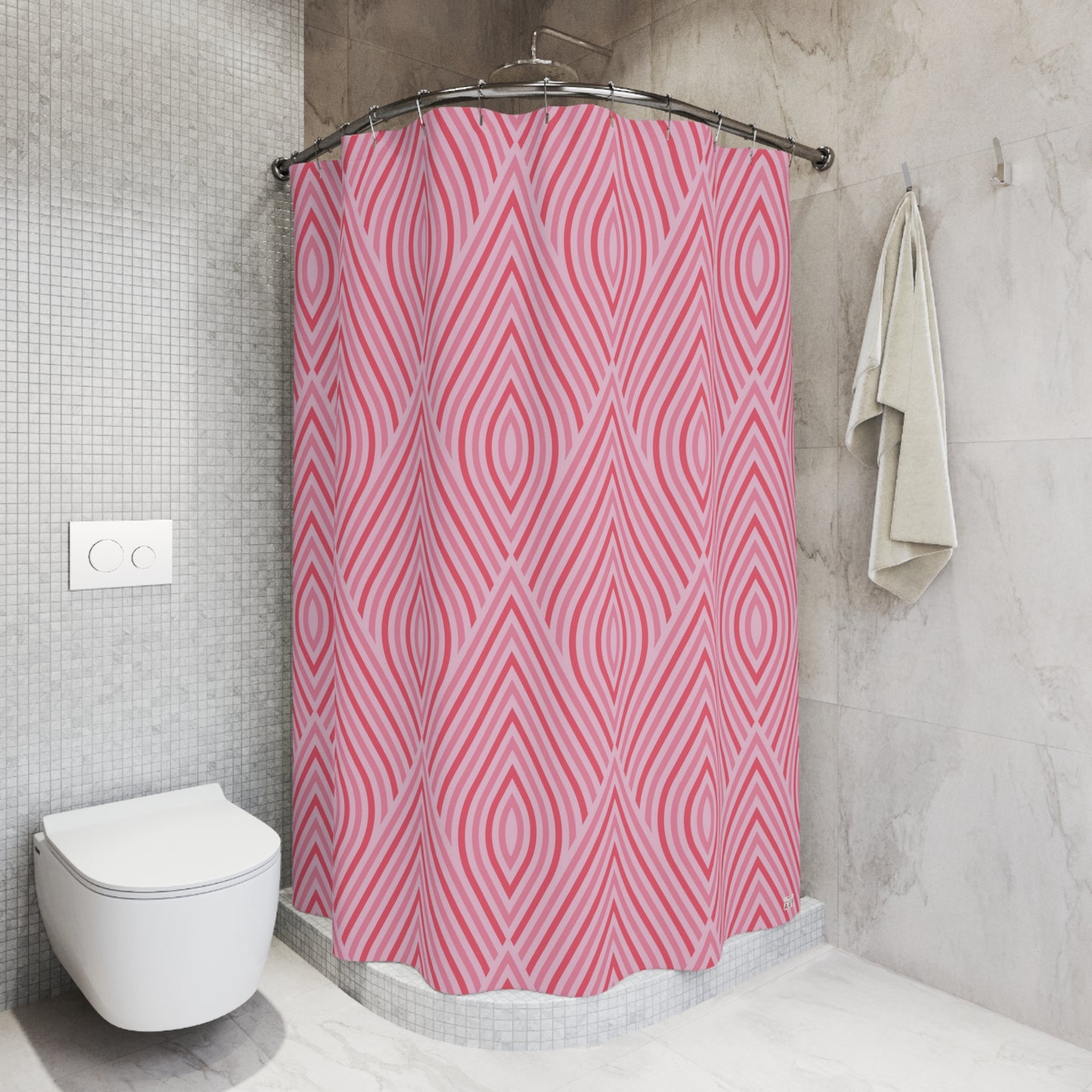 Pink Geometric Diamond Pattern Shower Curtain | Retro Striped Bath Decor, Boho Bath Accessory