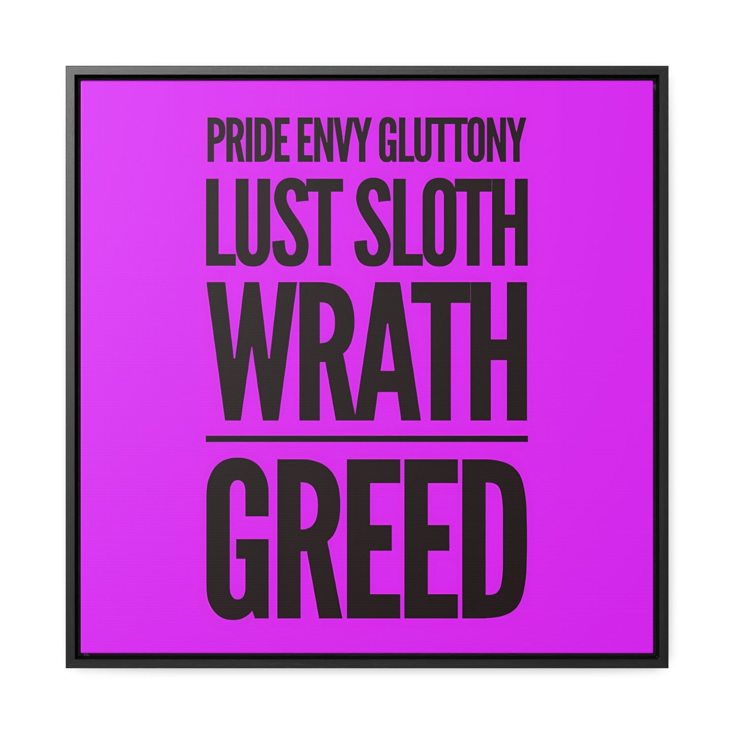 Square Frame Wall Art Canvas, Typography 7 Deadly Sins Magenta Background, Cool Statement Piece, Gallery Canvas Wrap Print, Home Decor