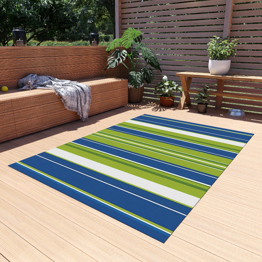 Blue Green Stripe Outdoor/Indoor Rug | Patio Mat, Weatherproof Outdoor Rug
