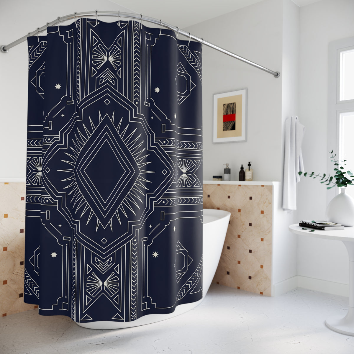 Art Deco Geometric Shower Curtain | Navy Diamond Pattern