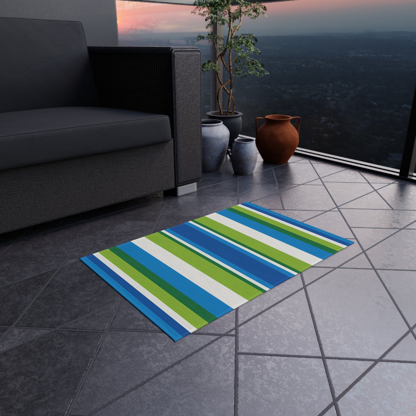 Blue Green Stripe Outdoor/Indoor Rug | Striped Patio Mat, Weatherproof Porch Rug