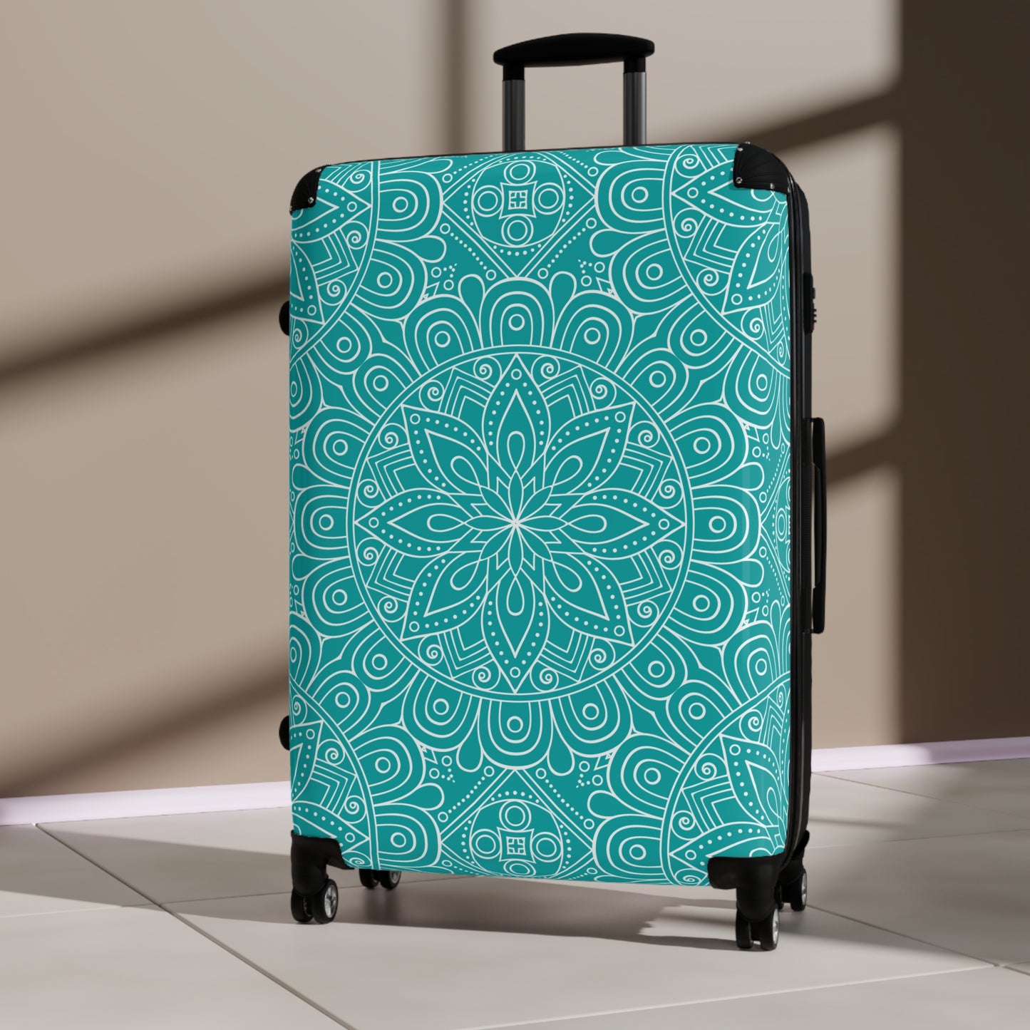 Teal White Mandala Pattern Suitcase | Decorative Luggage
