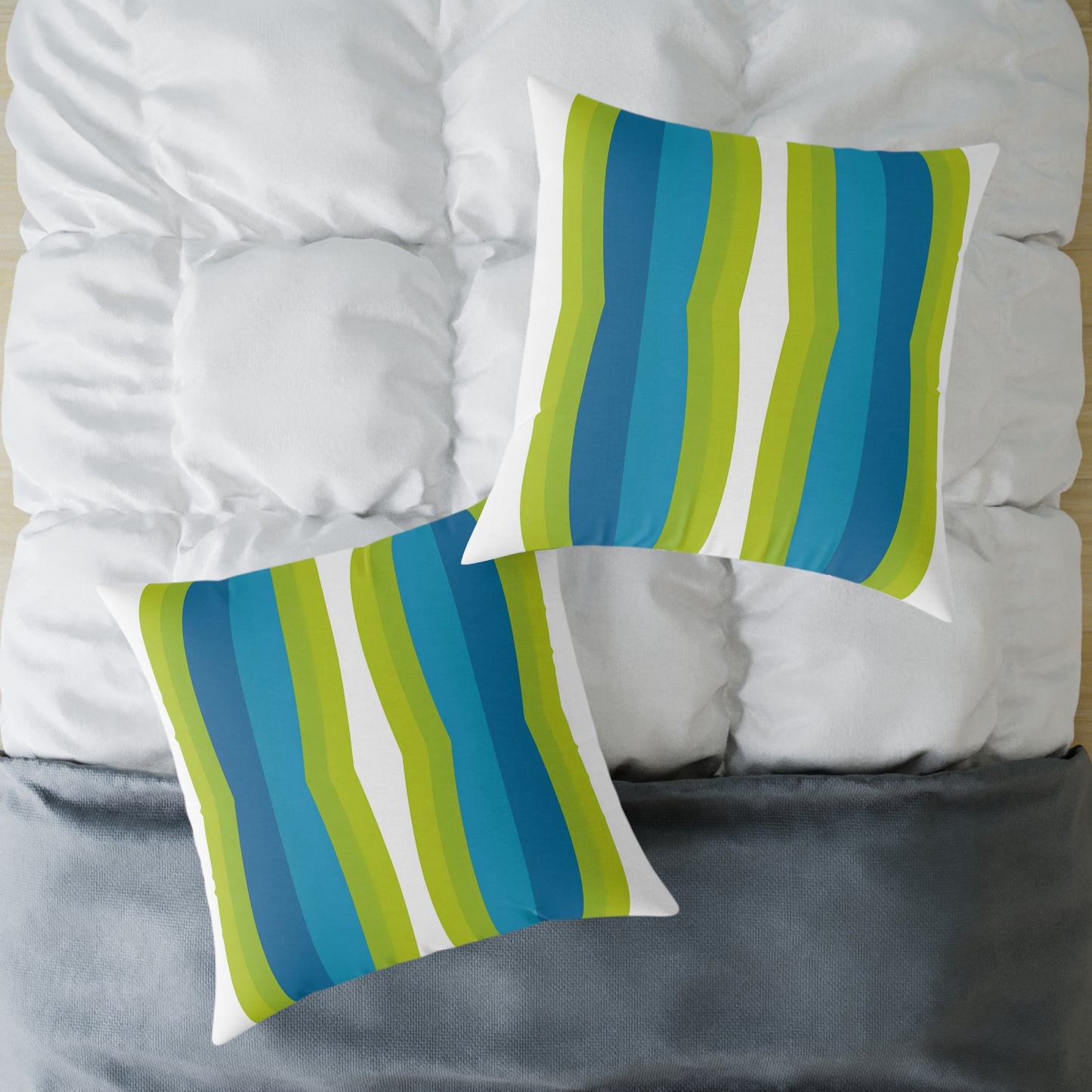 Blue Green Striped Wave Square Poly Canvas Pillow | Modern Geometric Throw Pillow