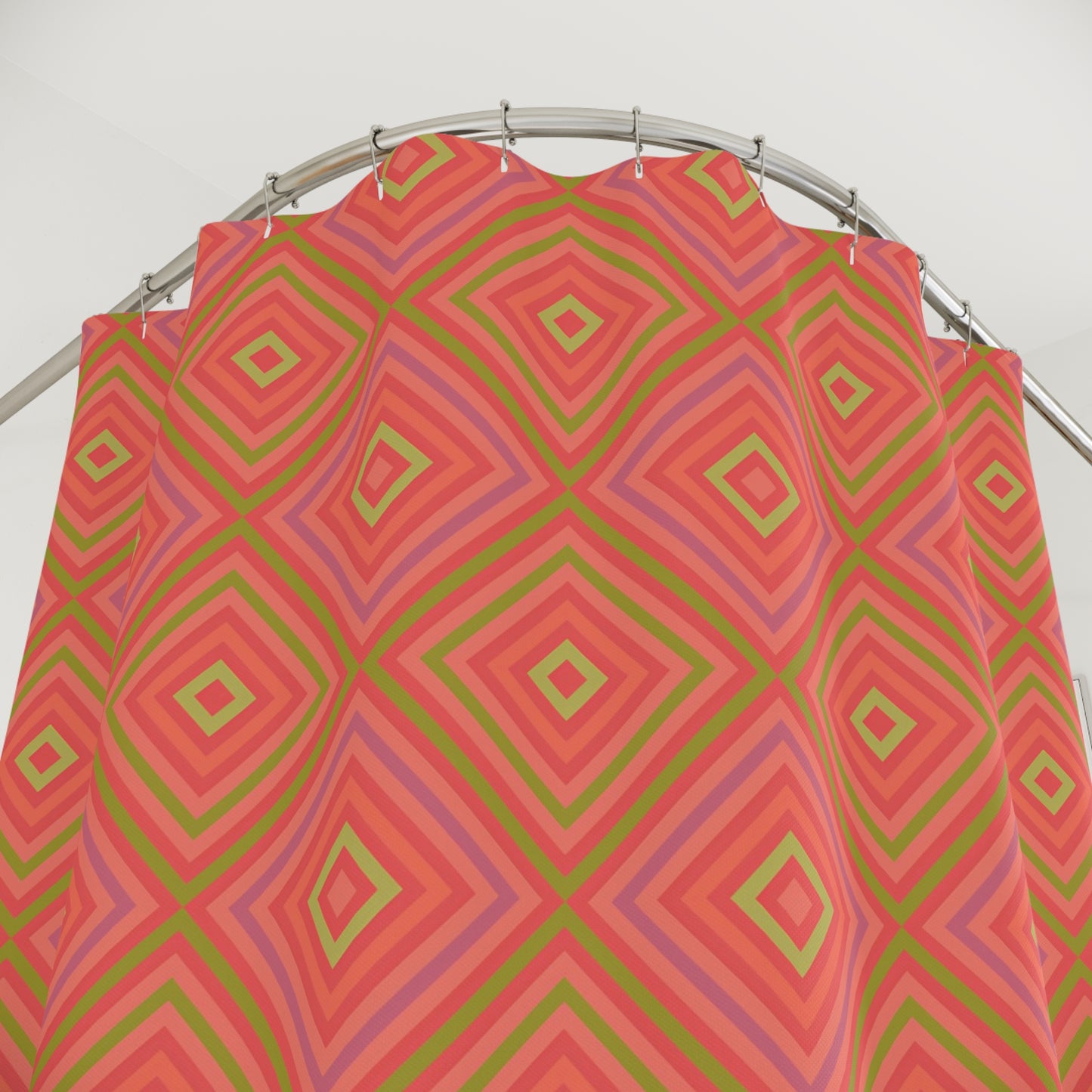 Retro Diamond Geometric Shower Curtain | Pink Coral Green Pattern