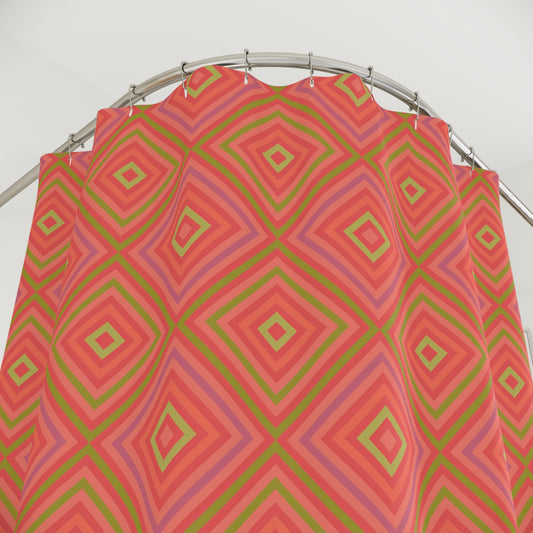 Retro Diamond Geometric Shower Curtain | Pink Coral Green Pattern