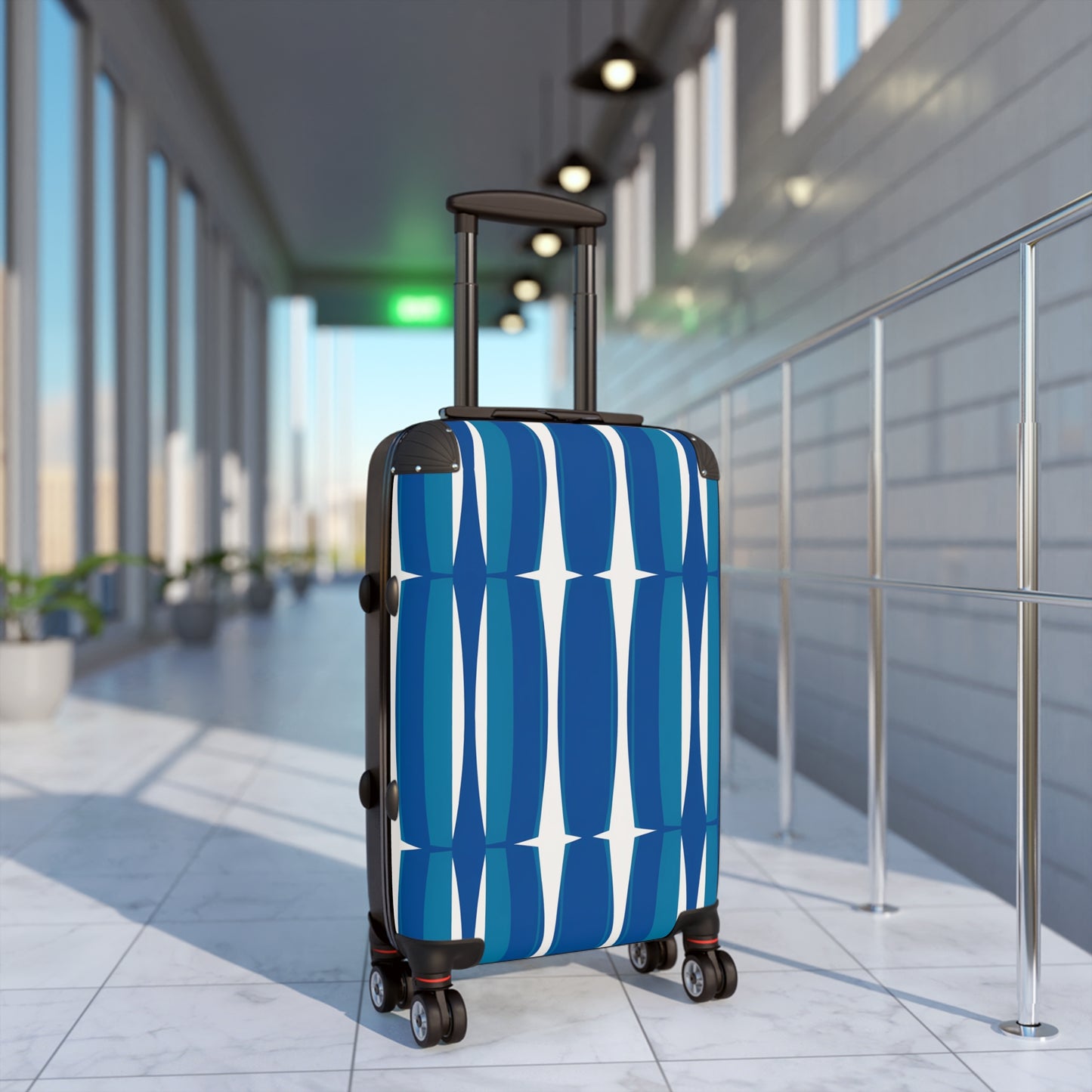 Blue Mid-Century Geometric Suitcase | Retro Stripe Luggage