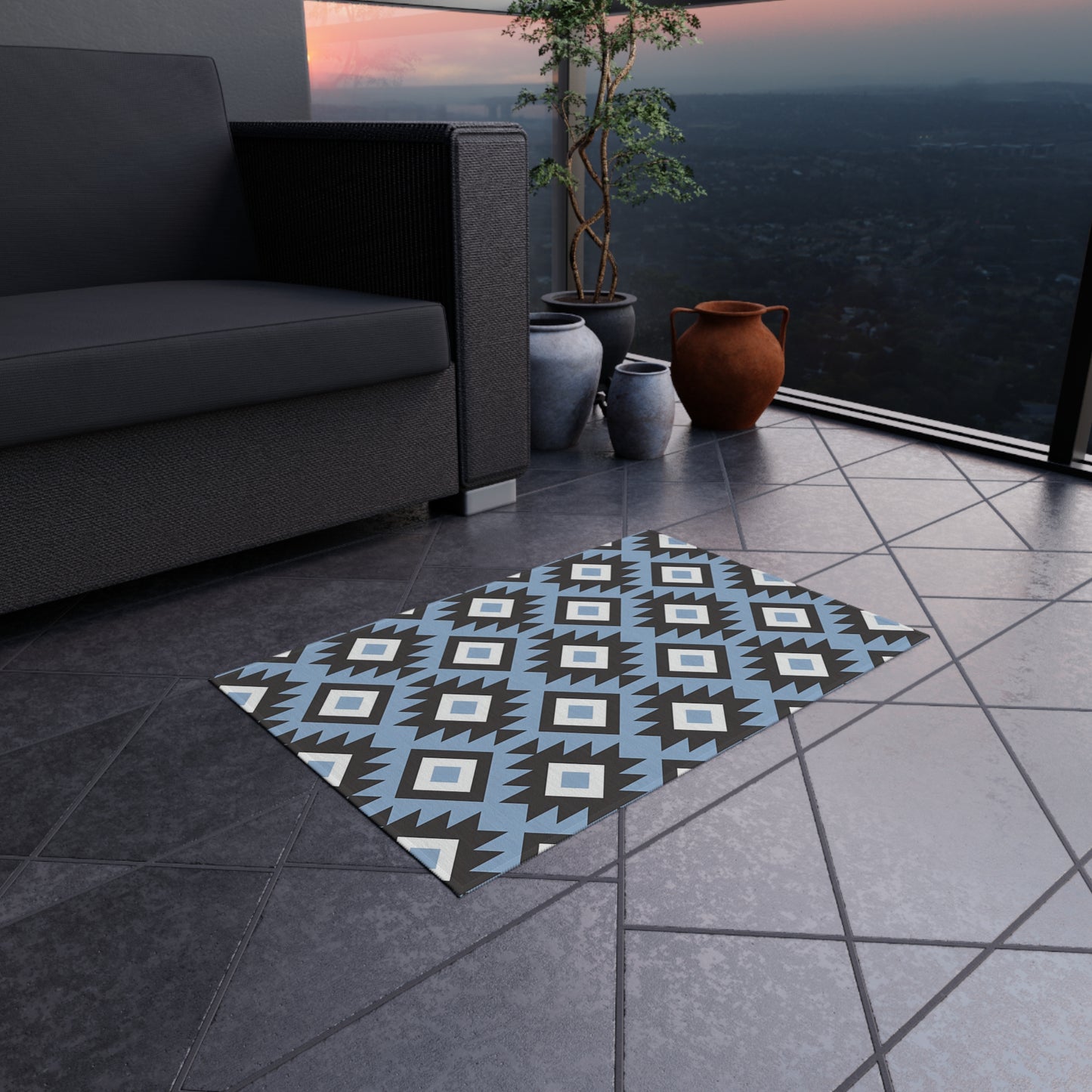Southwestern Diamond Pattern Outdoor/Indoor Rug | Blue Black Geometric Patio Mat