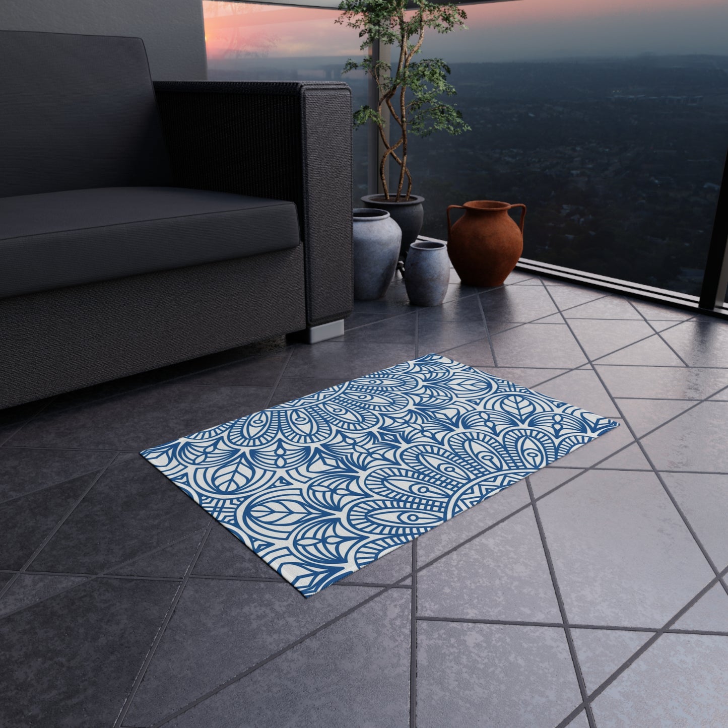 Blue Mandala Pattern Outdoor/Indoor Rug | Waterproof Patio Mat
